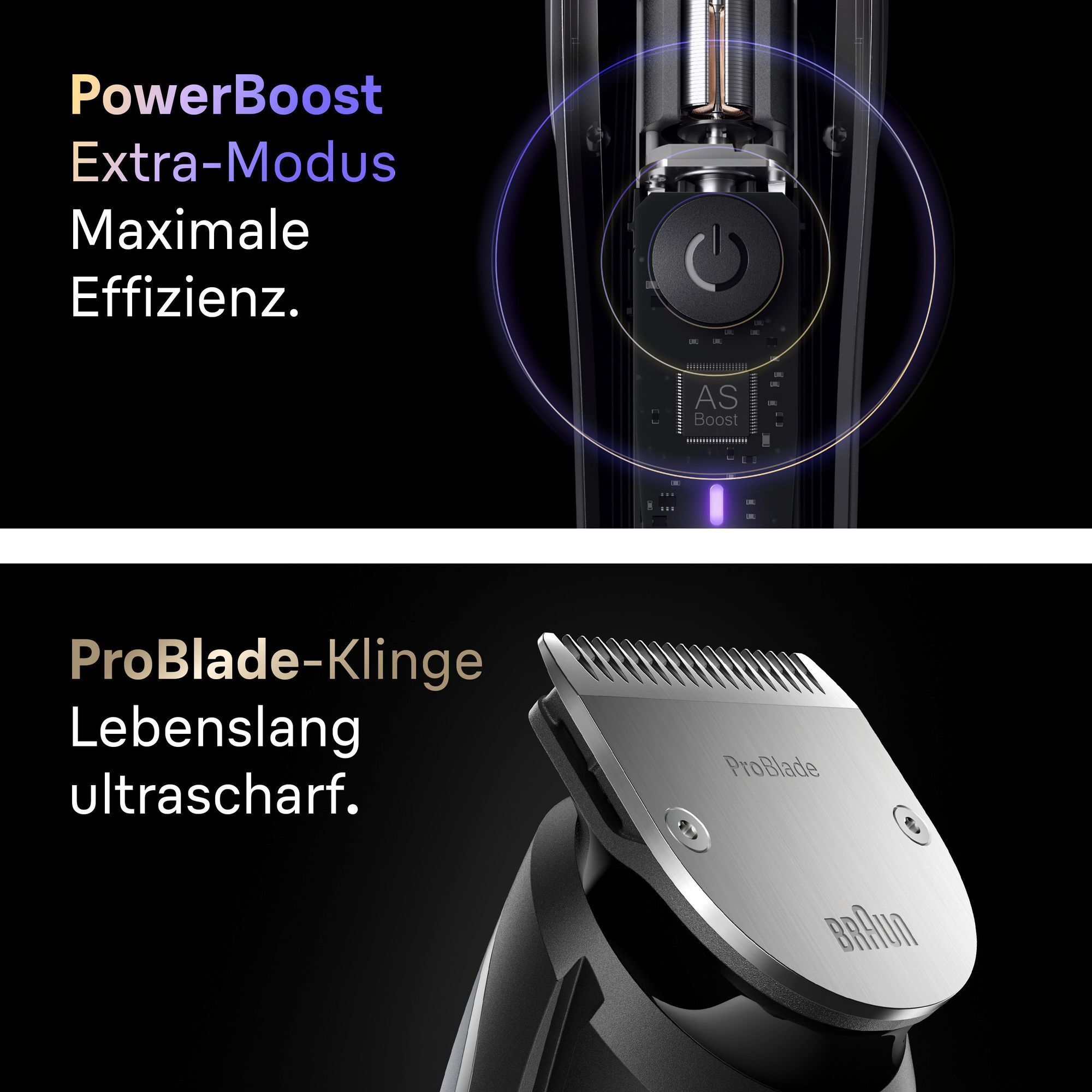 Braun Rasierer mit PowerBoost für maximale Effizienz und ProBlade-Klinge, die lebenslang ultrascharf bleibt.