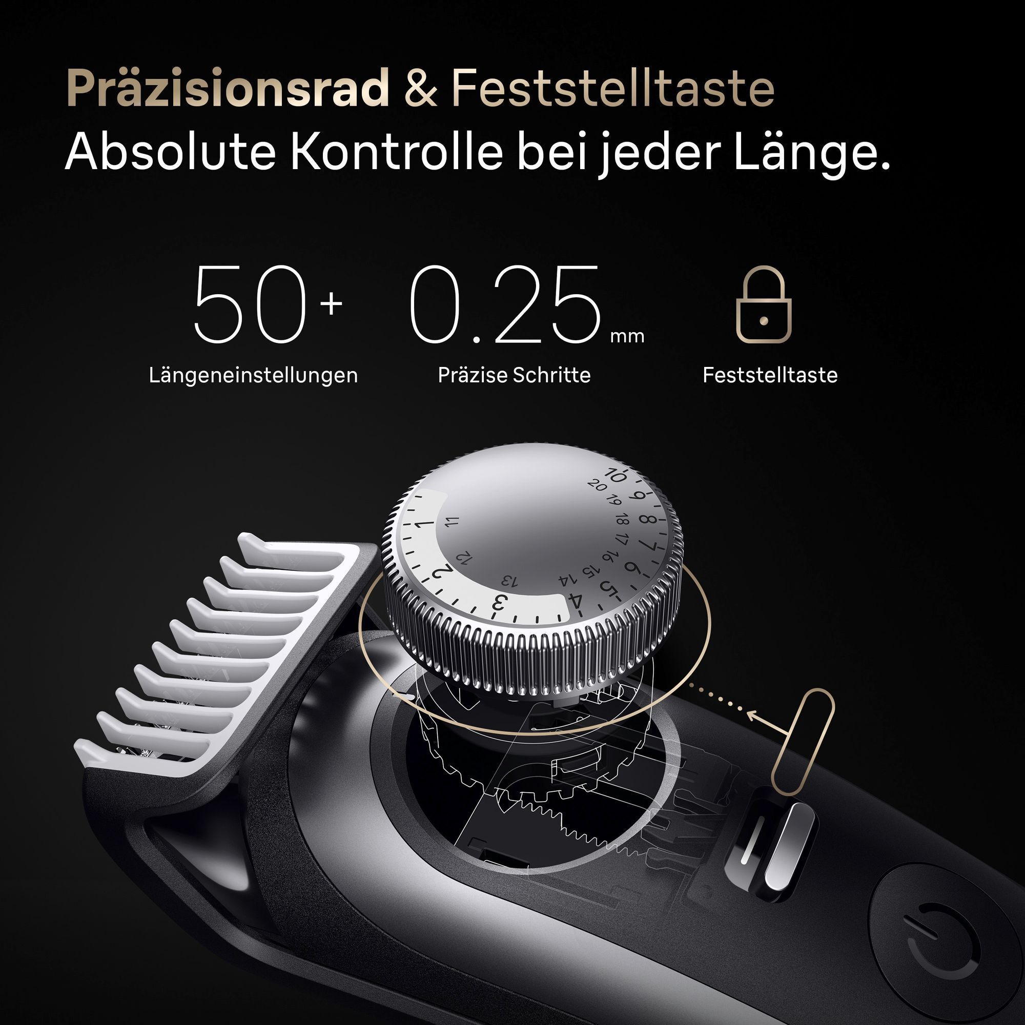 Braun Bartschneider mit Präzisionsrad für 50+ Längeneinstellungen in präzisen 0,25-mm-Schritten und Feststelltaste.