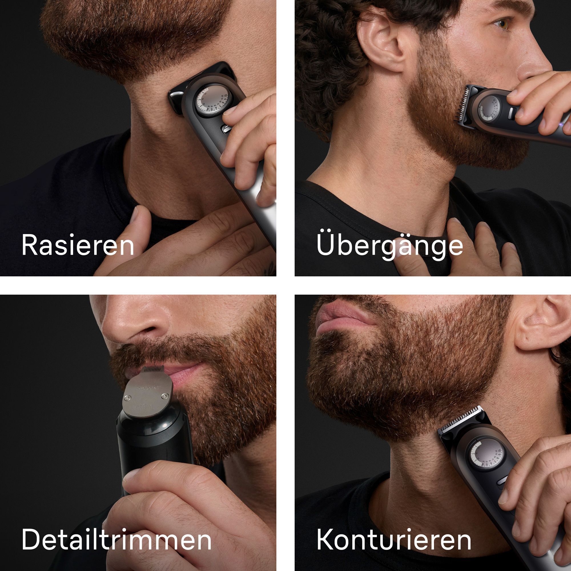 Braun Barttrimmer im Einsatz für Rasieren, Übergänge, Detailtrimmen und Konturieren des Bartes.