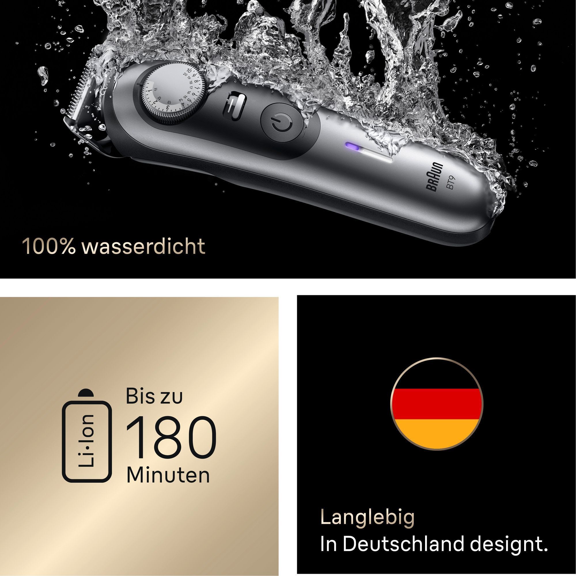 Braun Barttrimmer BT9 unter Wasser, was die 100% Wasserdichtigkeit des Geräts hervorhebt.