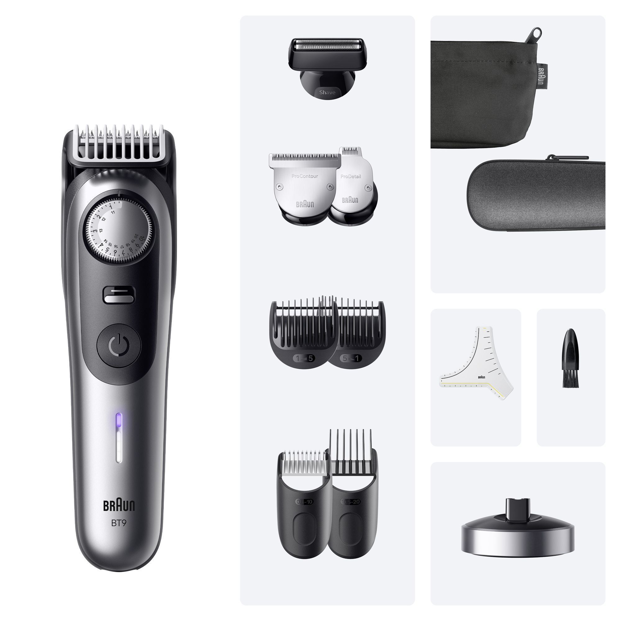 Braun Barttrimmer BT9 mit verschiedenen Aufsätzen für Konturen, Details und unterschiedliche Haarlängen.