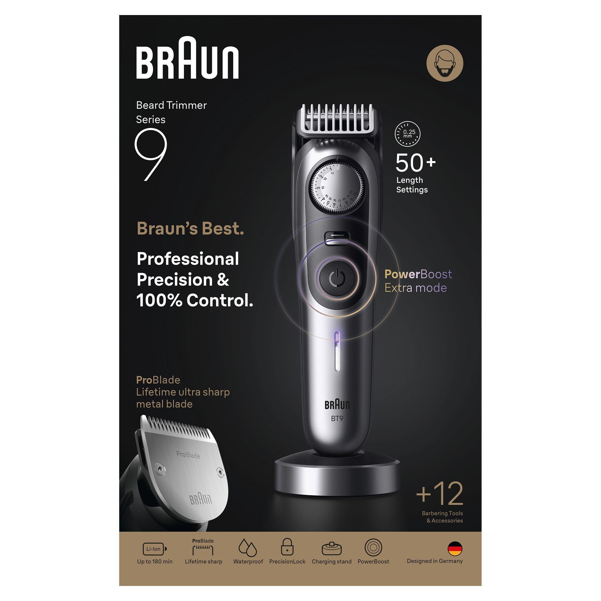 Braun Barttrimmer Series 9, hervorgehoben mit über 50 Längeneinstellungen und PowerBoost Extra Modus für präzises Trimmen.