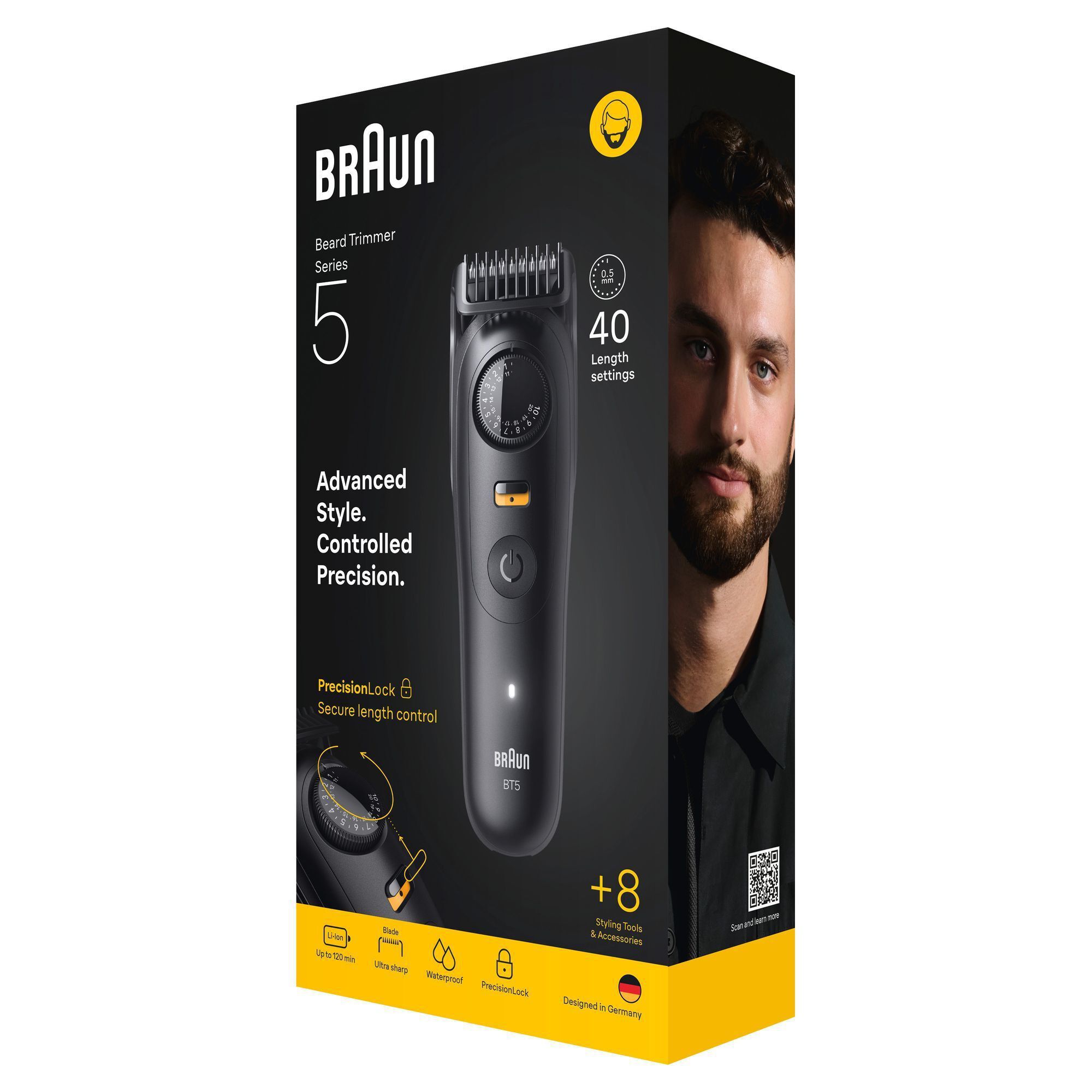 Braun Series 5 Bartschneider Verpackung, die +8 Styling-Tools und Zubehör sowie 40 Längeneinstellungen hervorhebt.