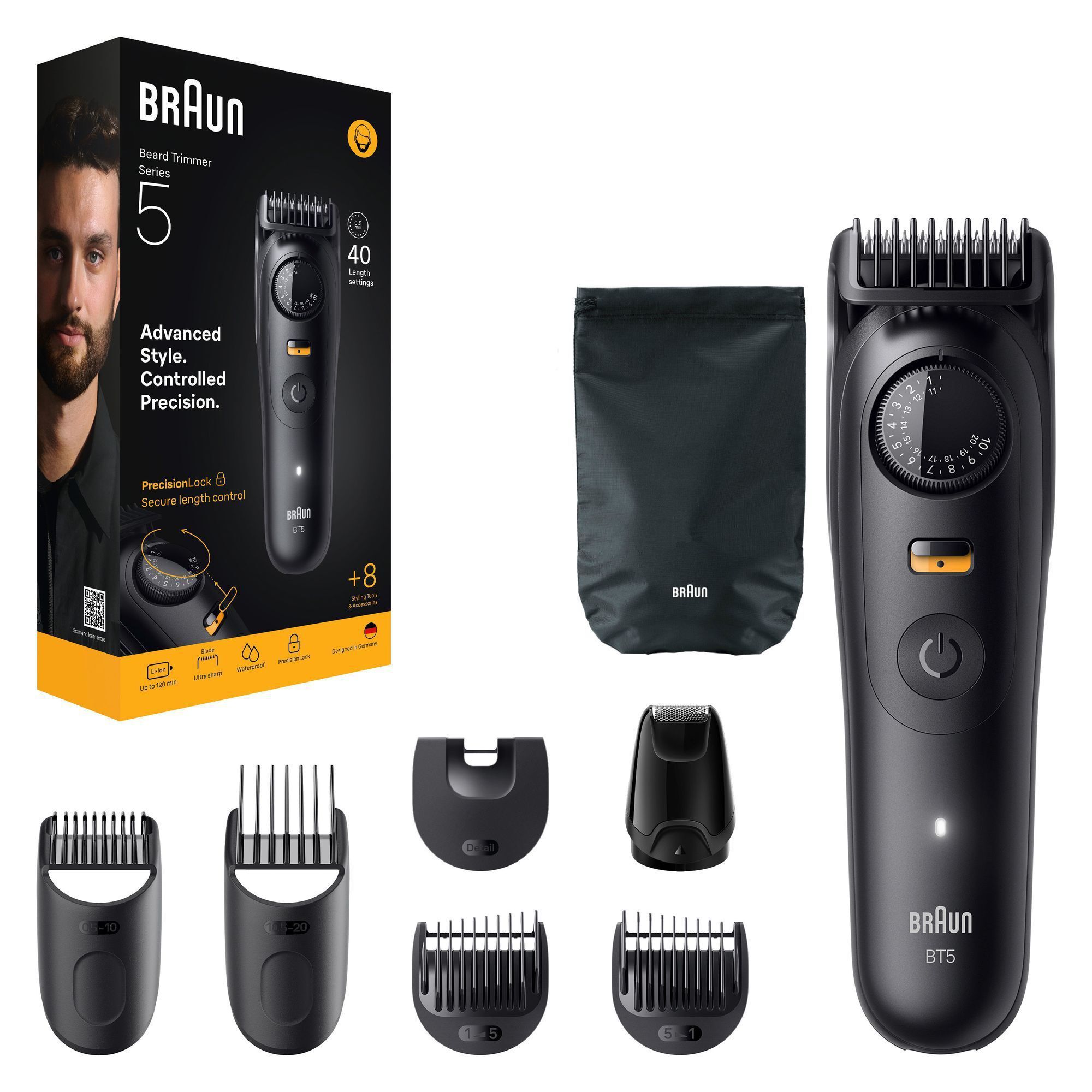 Braun Series 5 Bartschneider, gezeigt mit Verpackung und Styling-Aufsätzen.