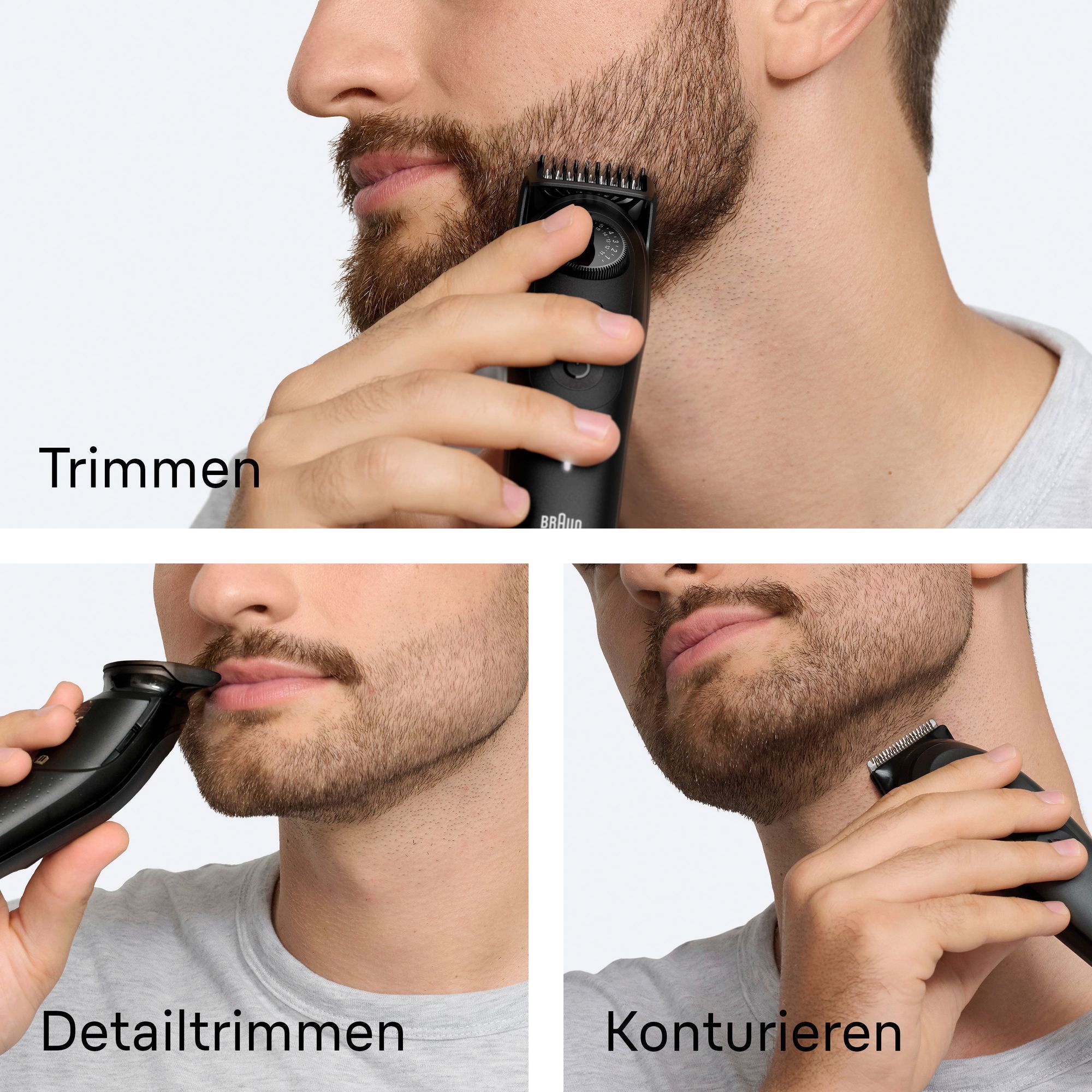 Braun Barttrimmer in Aktion: Trimmen des Bartes, Detailtrimmen des Schnurrbartes und Konturieren des Halses.