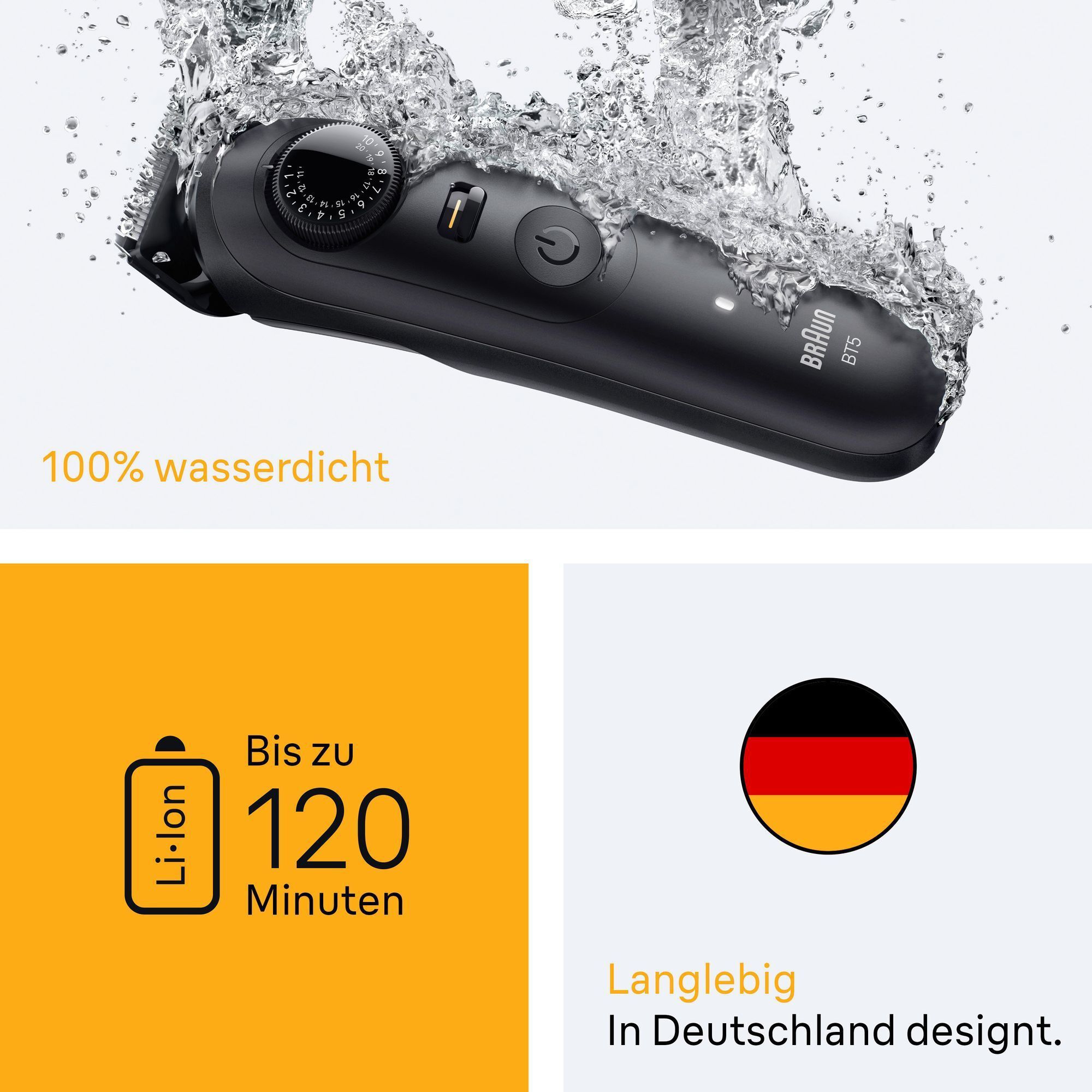 Braun Barttrimmer BT5 unter Wasser, der die 100% Wasserdichtigkeit des Produkts demonstriert.