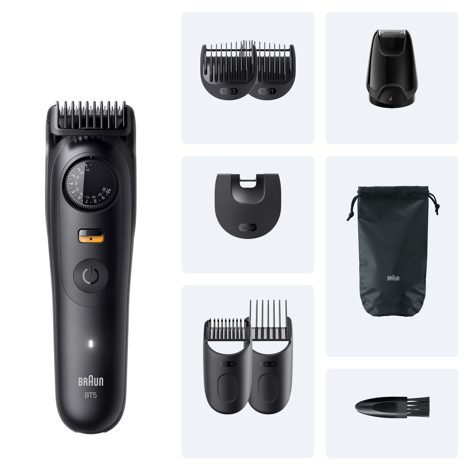 Braun BT5 Barttrimmer mit verschiedenen Aufsätzen für unterschiedliche Bartlängen und Präzisionstrimmen.