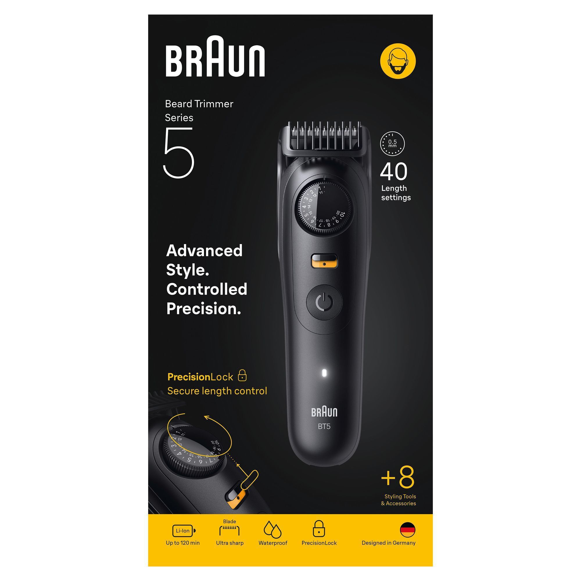 Braun Series 5 Barttrimmer, hervorgehoben werden die 40 Längeneinstellungen und +8 Styling-Tools & Zubehör.