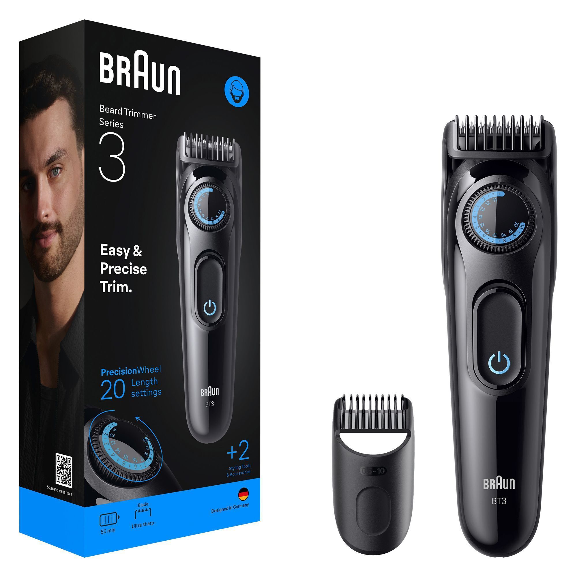 Braun Barttrimmer Series 3, abgebildet mit Verpackung und dem Hinweis auf 20 Längeneinstellungen durch das Präzisionsrad.