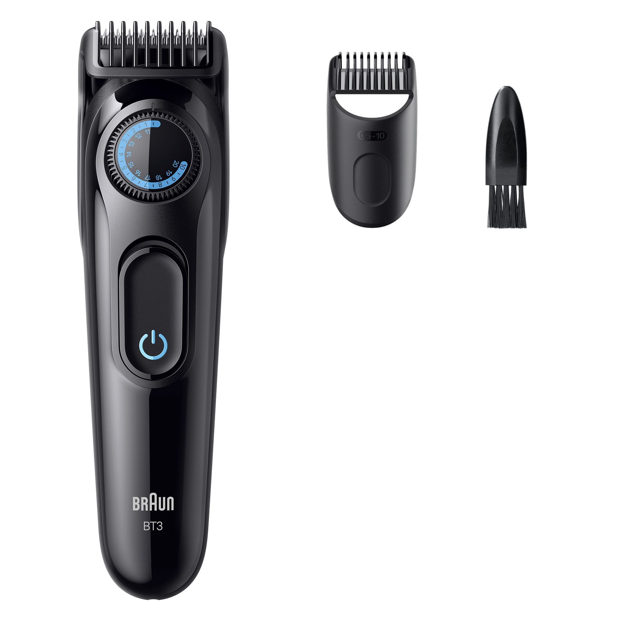 Braun BT3 Bartschneider mit Trimmeraufsatz und Reinigungsbürste.