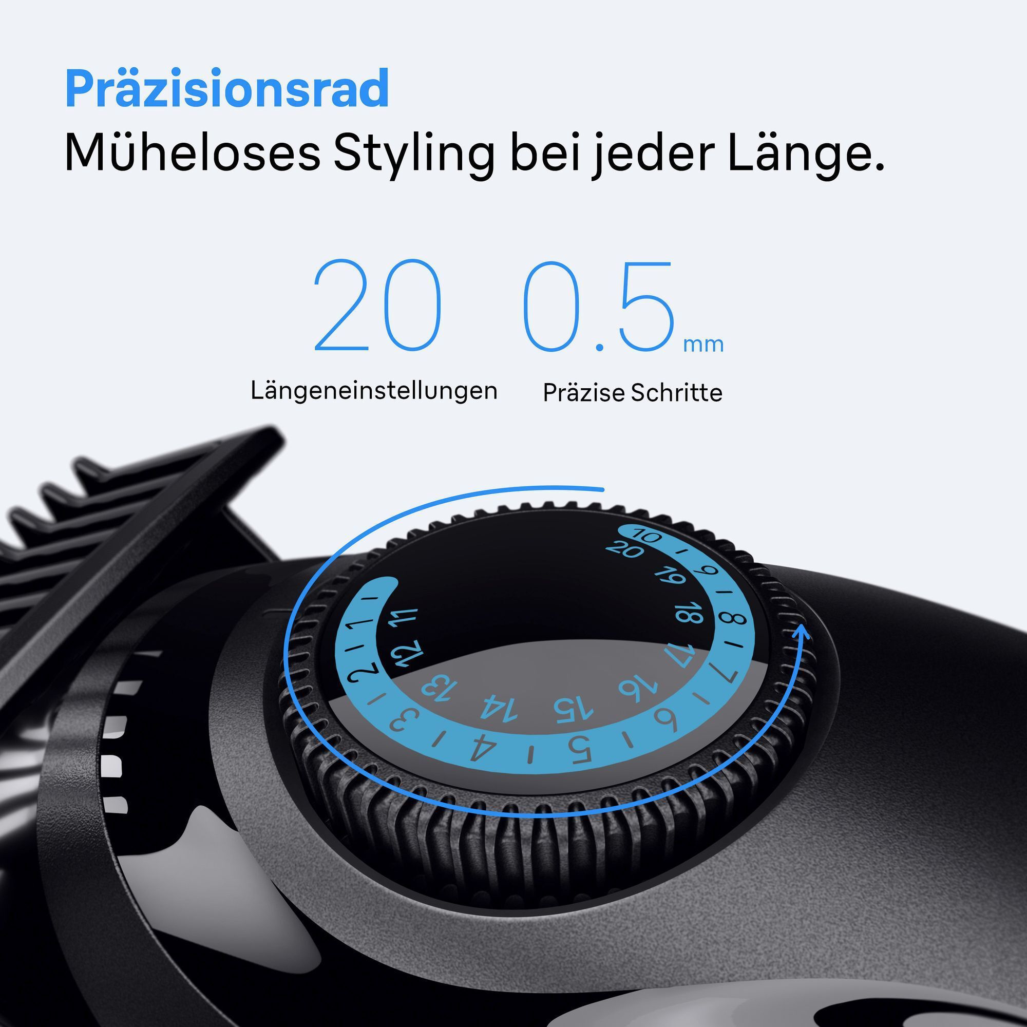 Präzisionsrad des Braun Trimmers ermöglicht müheloses Styling mit 20 Längeneinstellungen in präzisen 0,5mm Schritten.