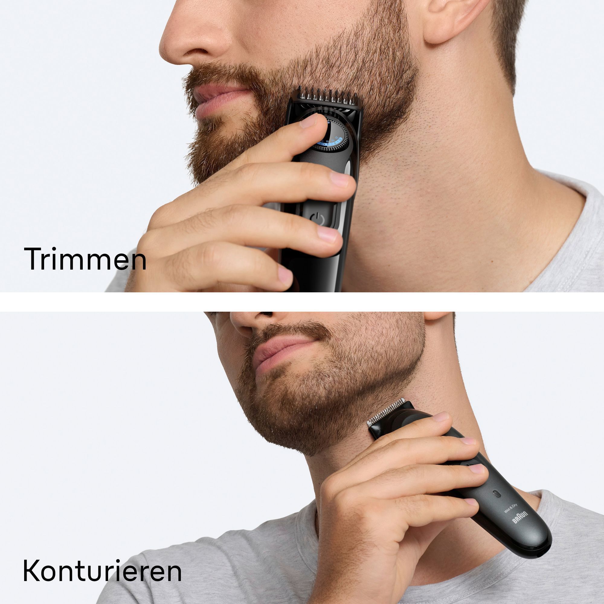 Braun Barttrimmer in Aktion: Oben präzises Trimmen des Bartes, unten saubere Konturen am Hals.