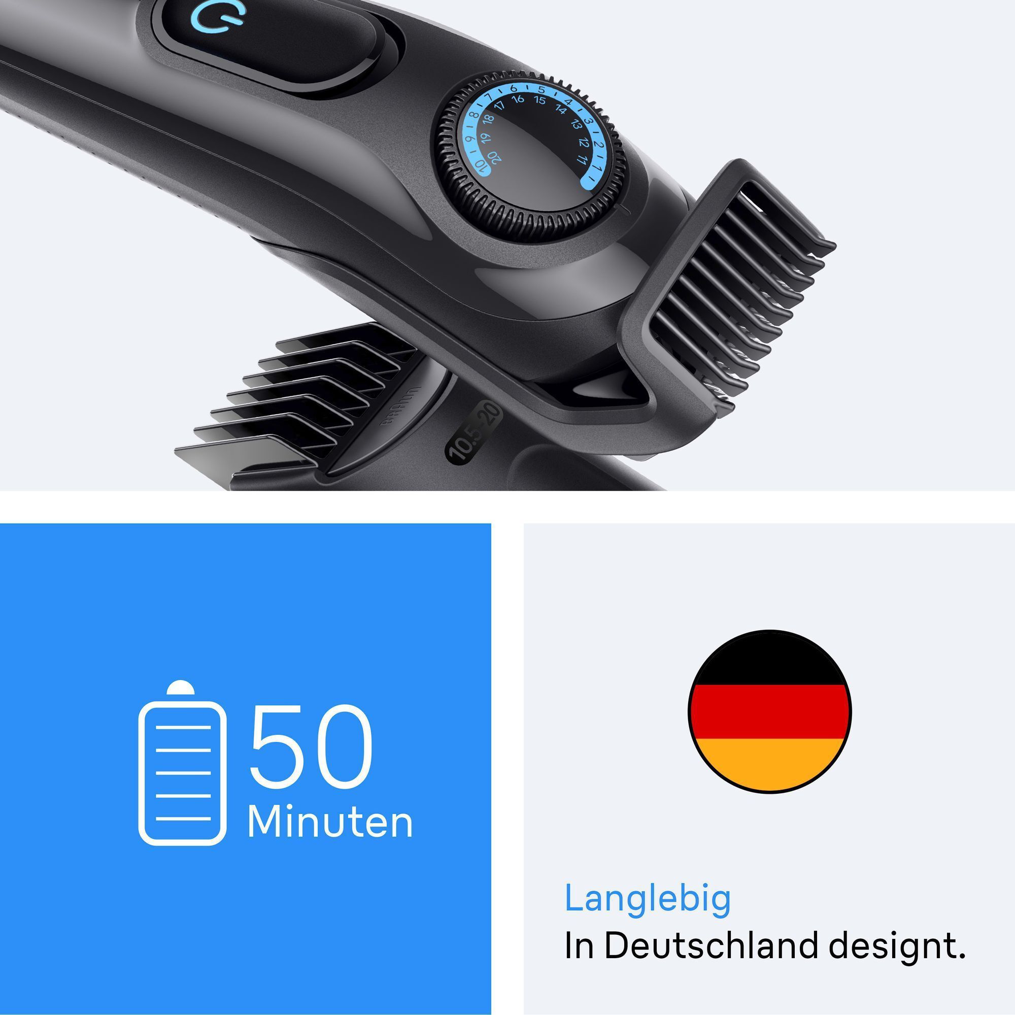 Braun Haarschneider mit Anzeige für 50 Minuten Akkulaufzeit und Hinweis auf Design in Deutschland.