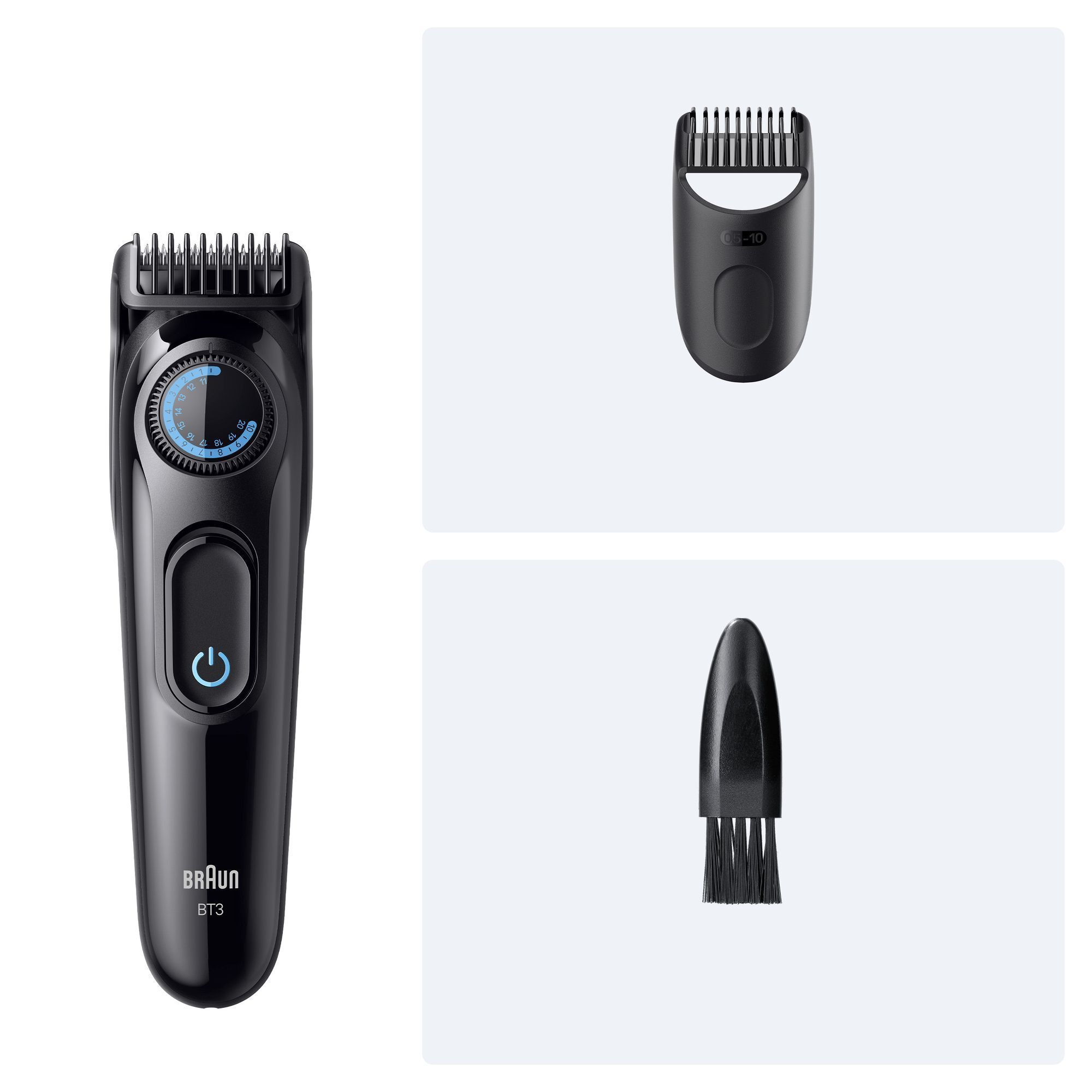Braun Barttrimmer BT3 mit Präzisionsrad für verschiedene Bartlängen, Trimmeraufsatz und Reinigungsbürste.