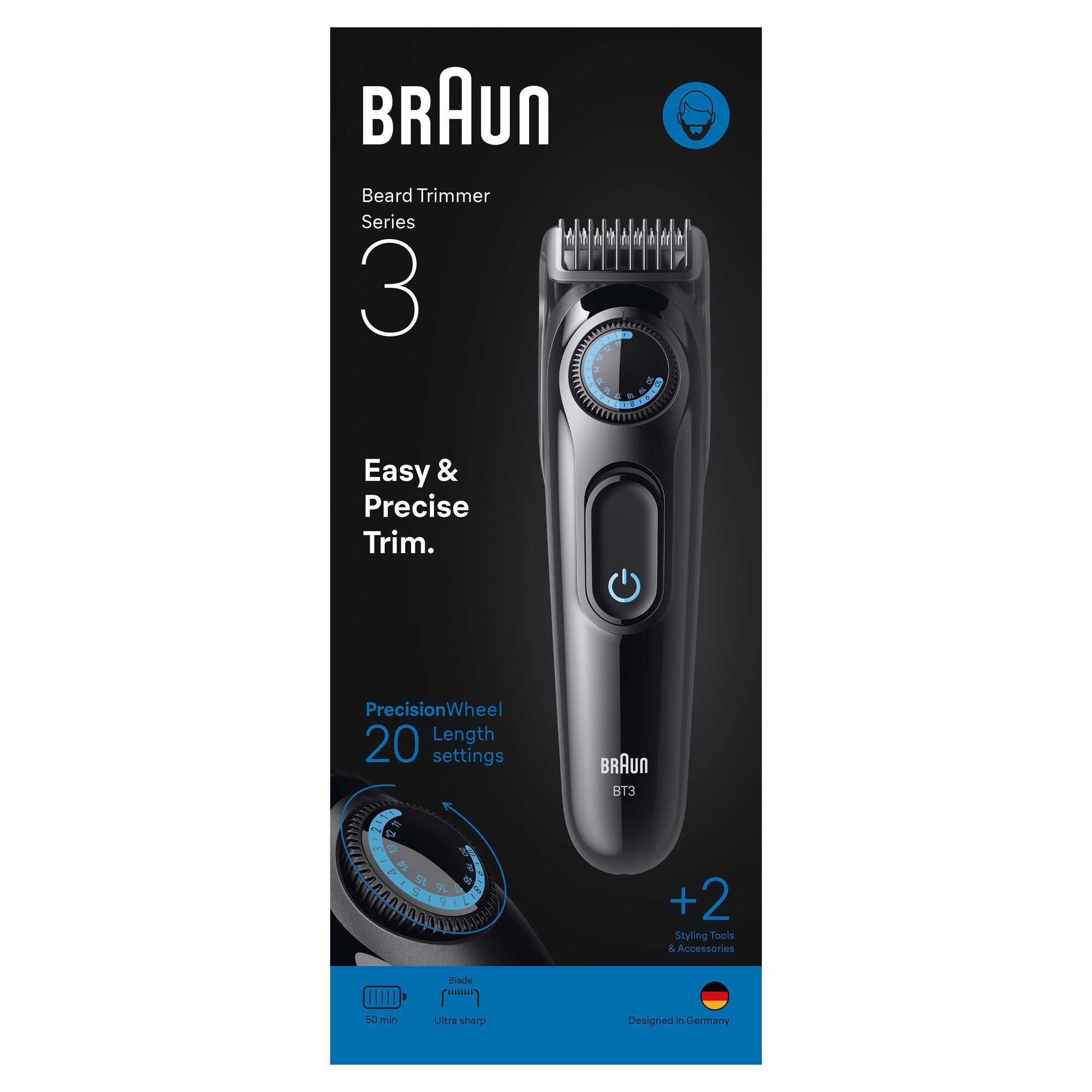 Braun Barttrimmer Series 3 Verpackung, die das Präzisionsrad mit 20 Längeneinstellungen hervorhebt.