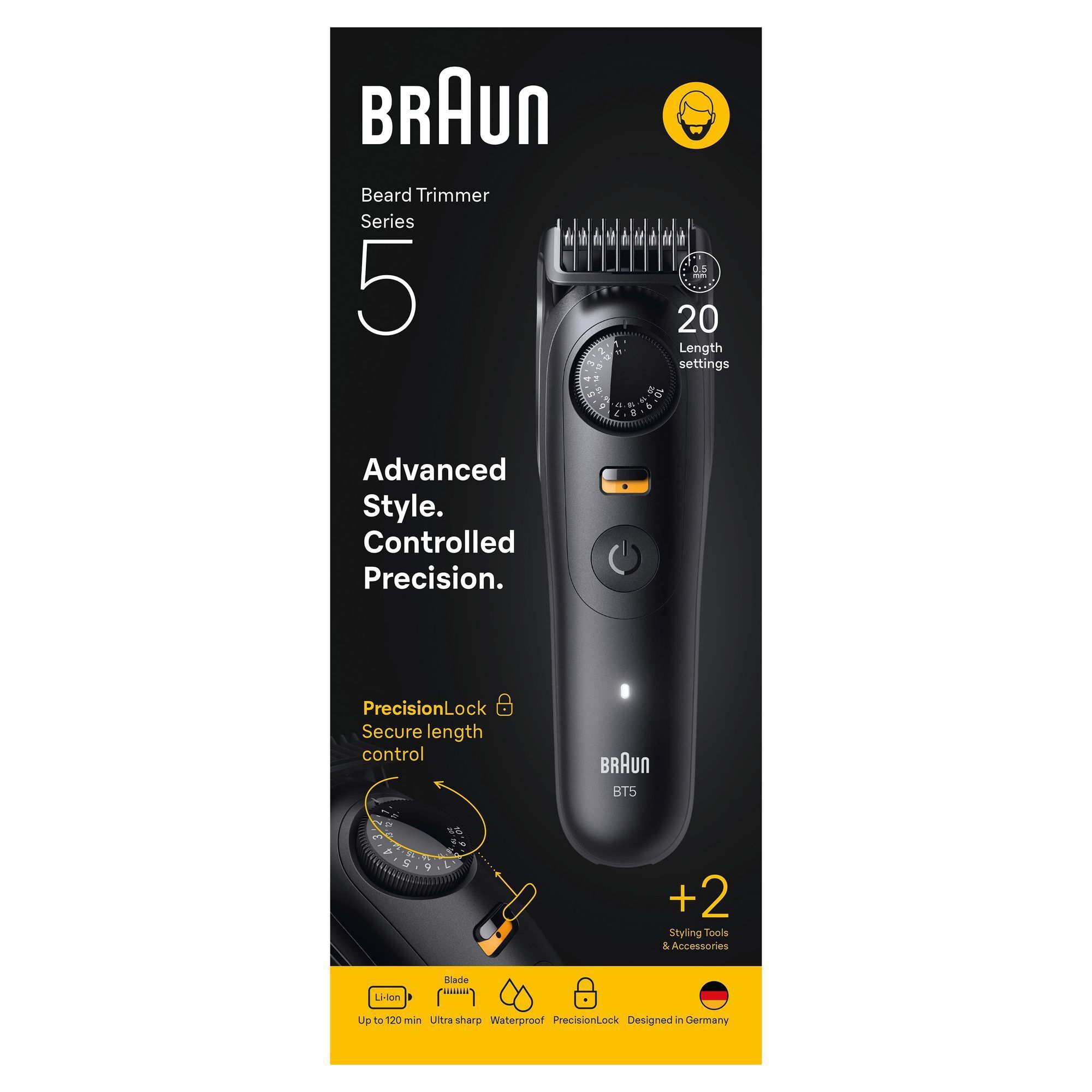 Braun Barttrimmer Series 5 mit Verpackung, die 20 Längeneinstellungen und PrecisionLock für sichere Längenkontrolle hervorhebt.