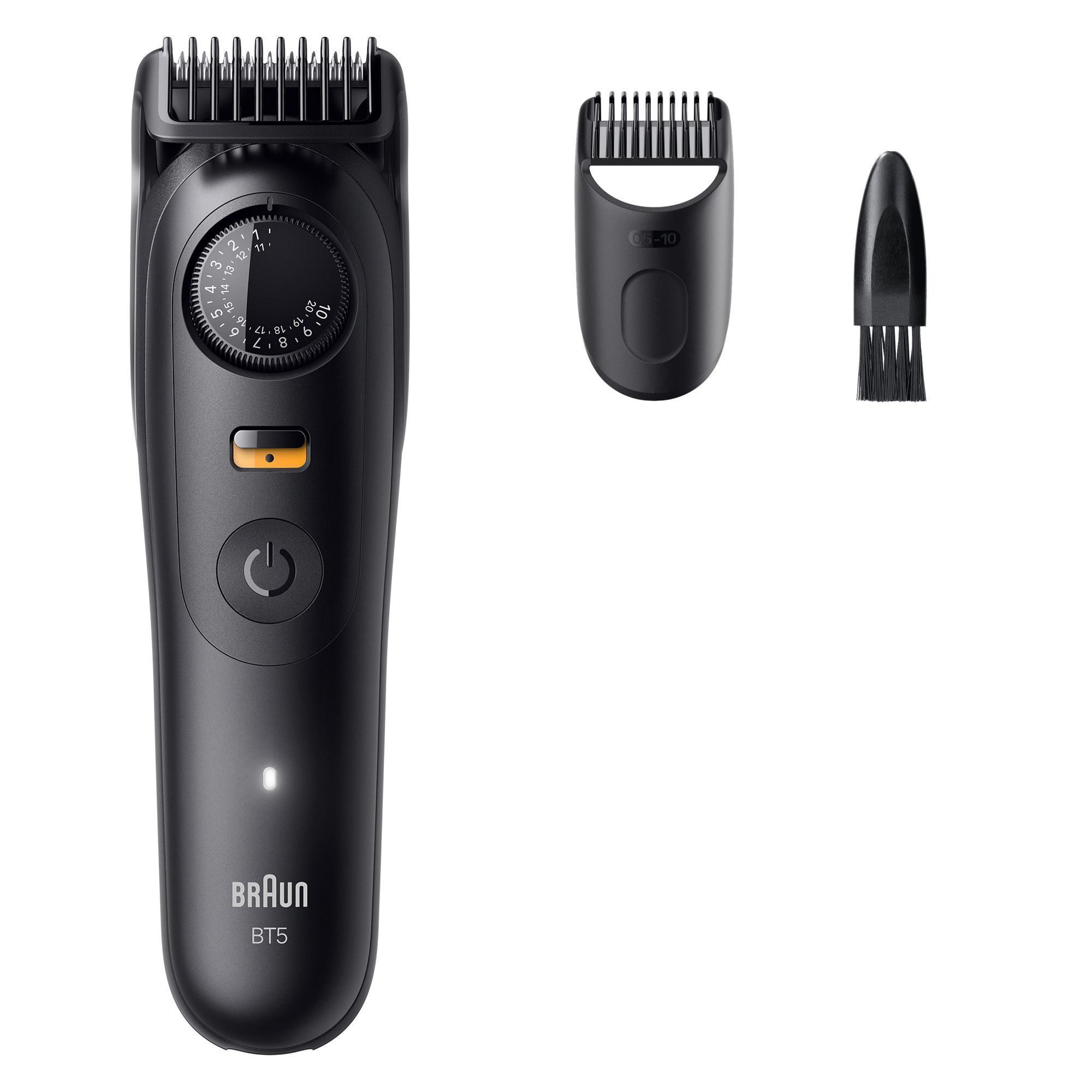 Braun BT5 Barttrimmer mit Präzisionsrad für 40 Längeneinstellungen und Zubehör wie Kammaufsatz und Reinigungsbürste.