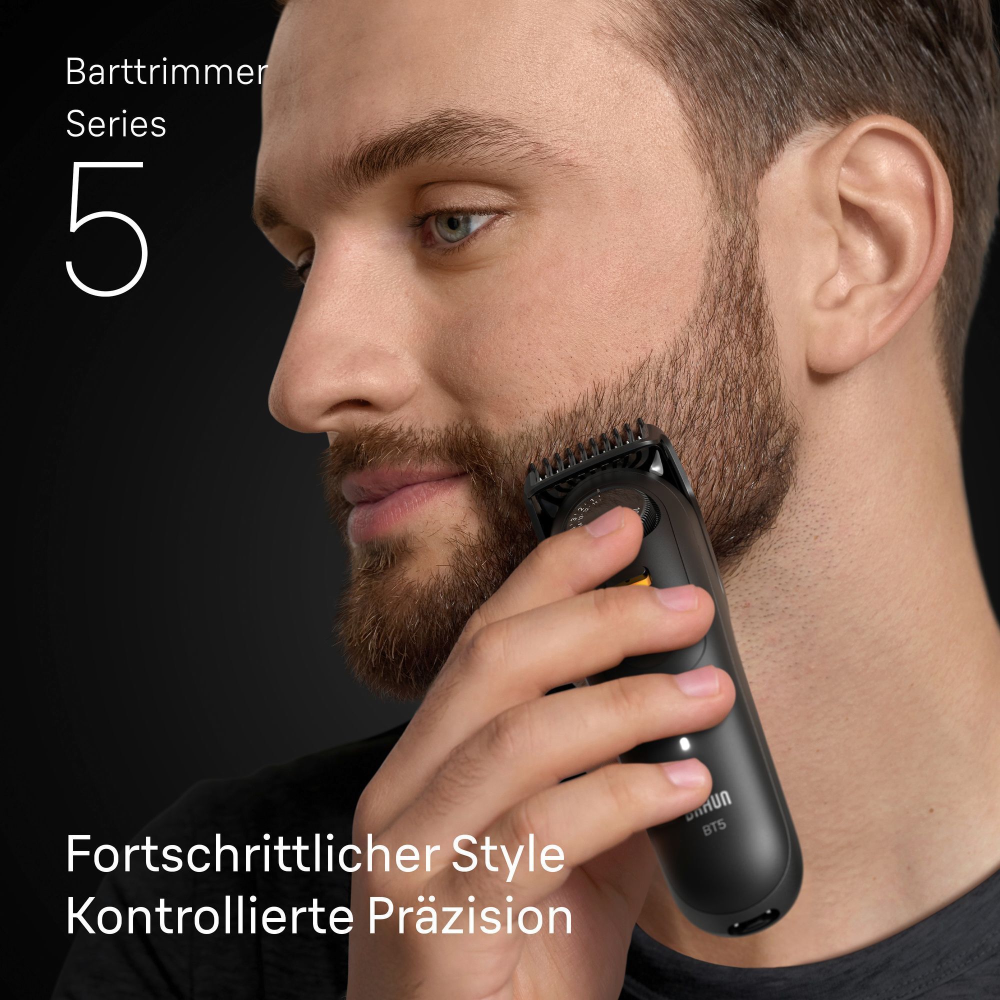 Braun Barttrimmer Series 5 im Einsatz für fortschrittlichen Style und kontrollierte Präzision beim Barttrimmen.