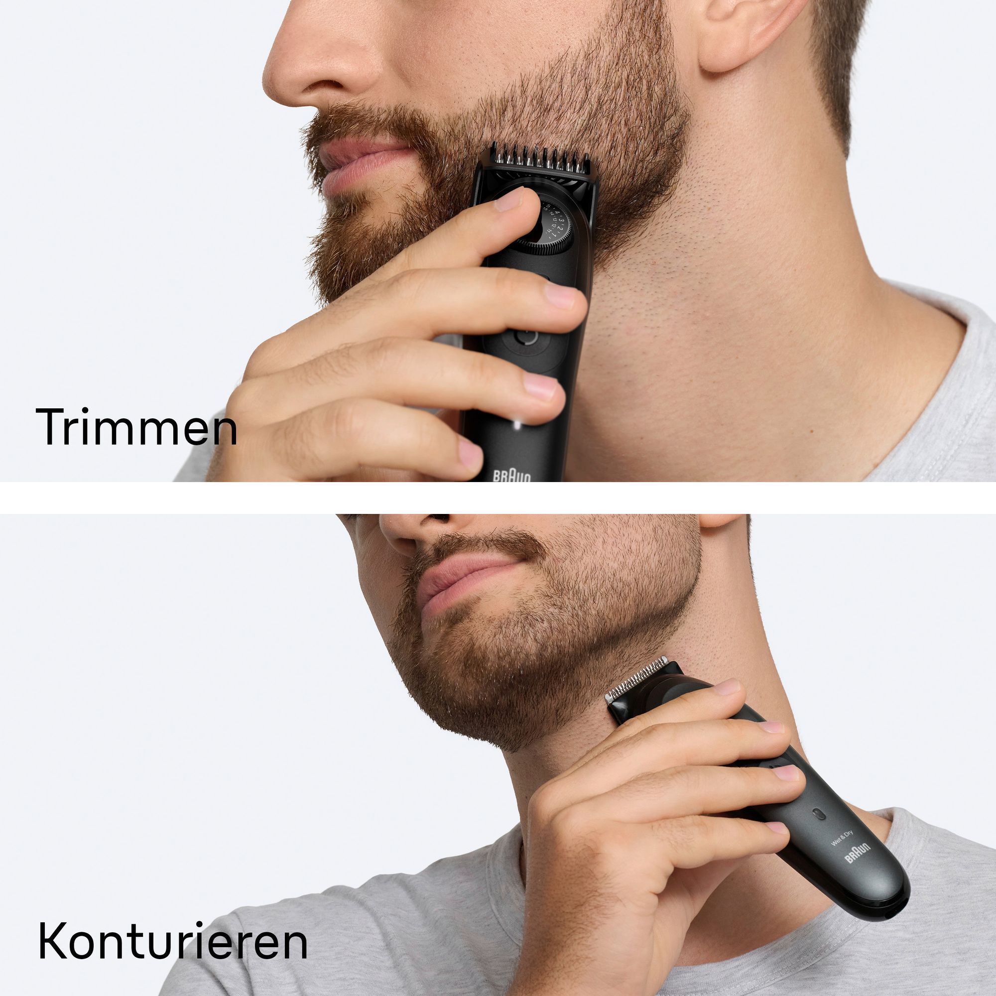 Bilder mit verschiedenen Anwendungsmöglichkeiten des Braun Series 5 Barttrimmers