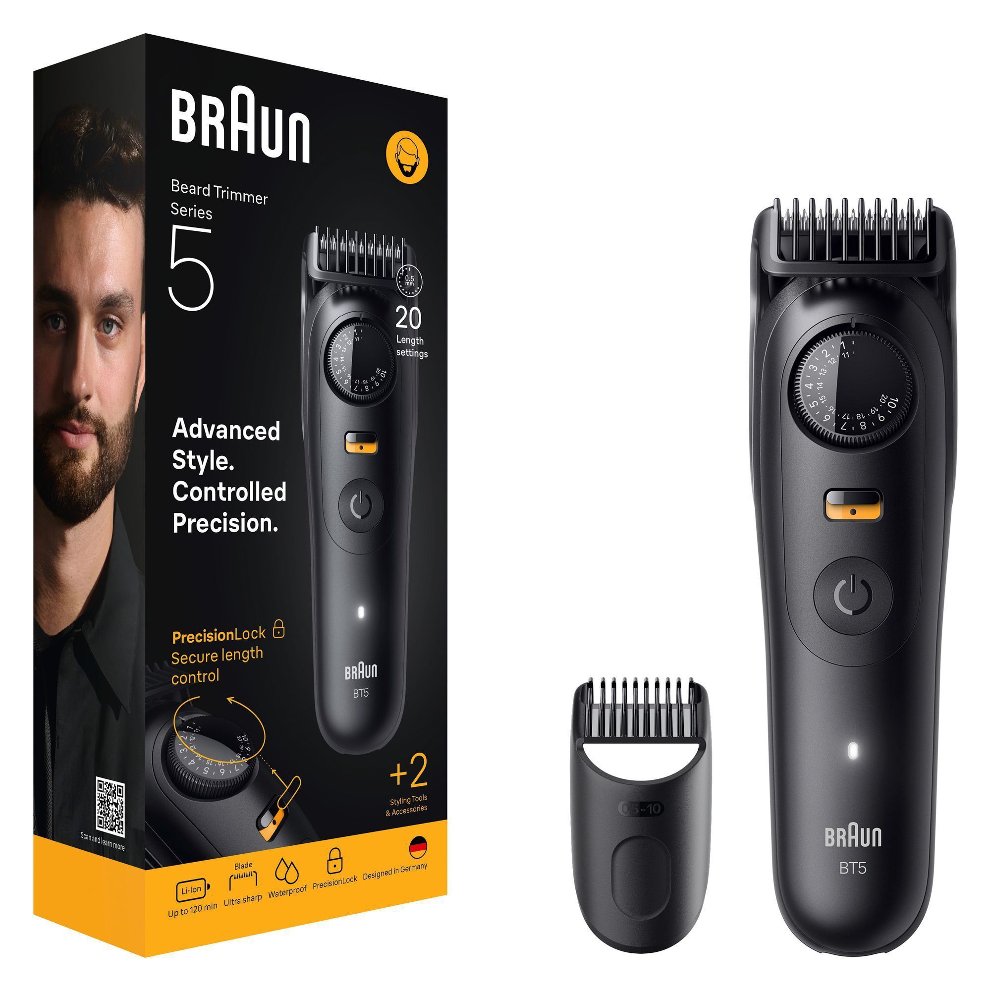 Braun Barttrimmer Series 5, abgebildet mit der Verpackung, die 20 Längeneinstellungen hervorhebt.
