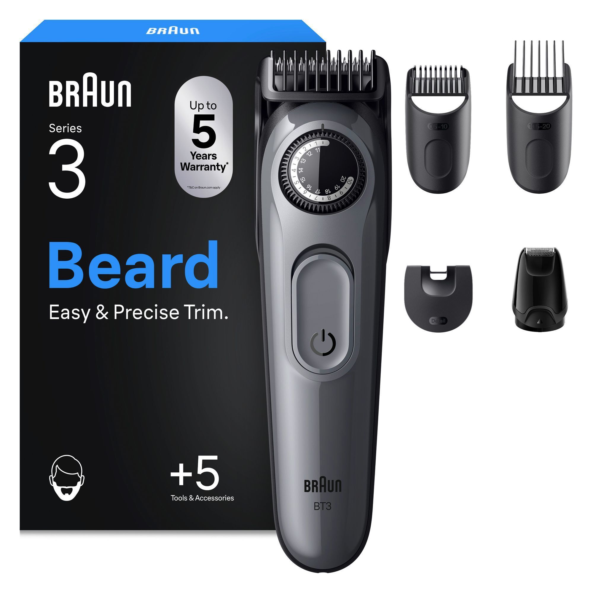 Braun Series 3 Bartschneider BT3 mit Verpackung und verschiedenen Aufsätzen für einfaches und präzises Trimmen.