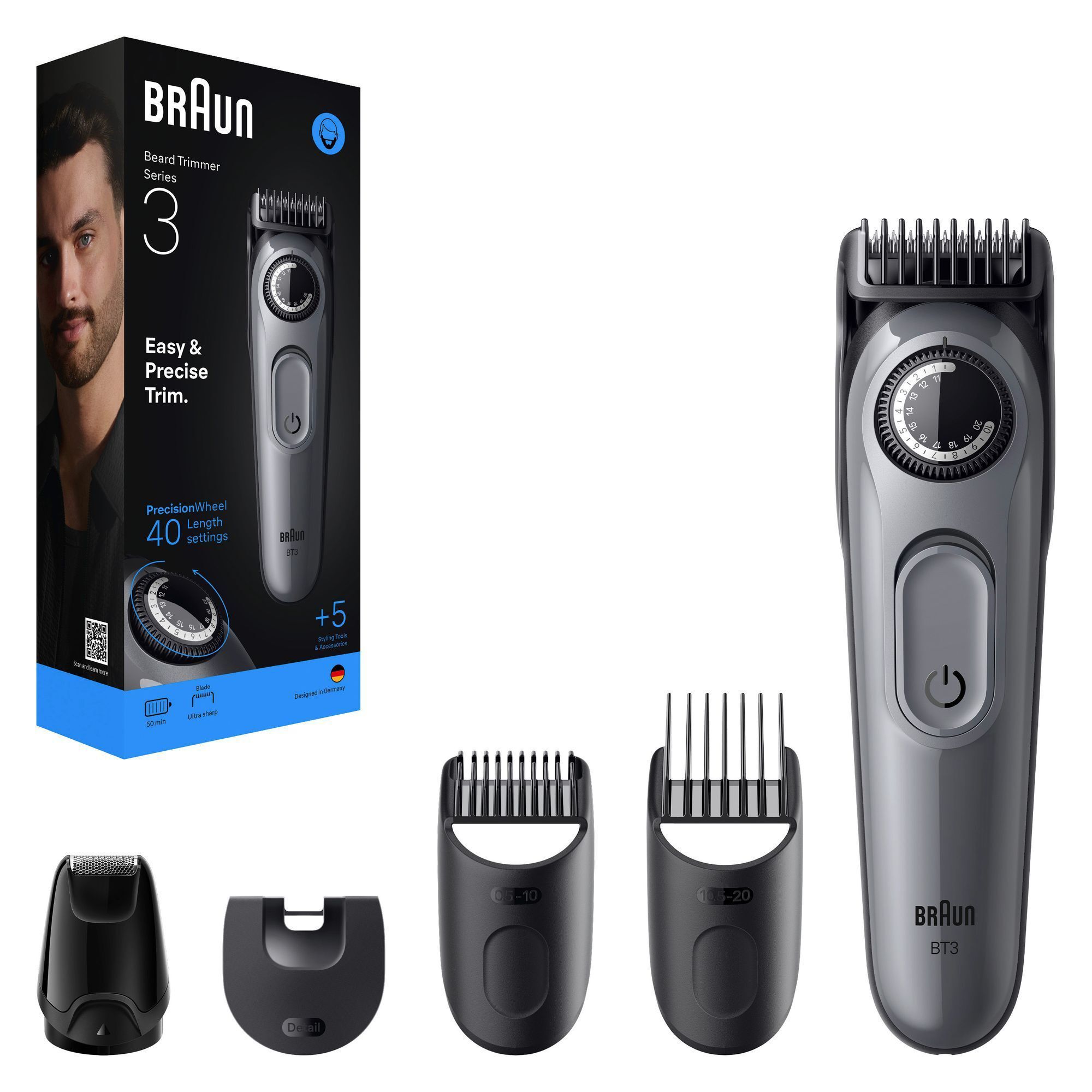 Braun Barttrimmer Series 3 mit Verpackung, die 40 Längeneinstellungen und 5 Aufsätze hervorhebt.