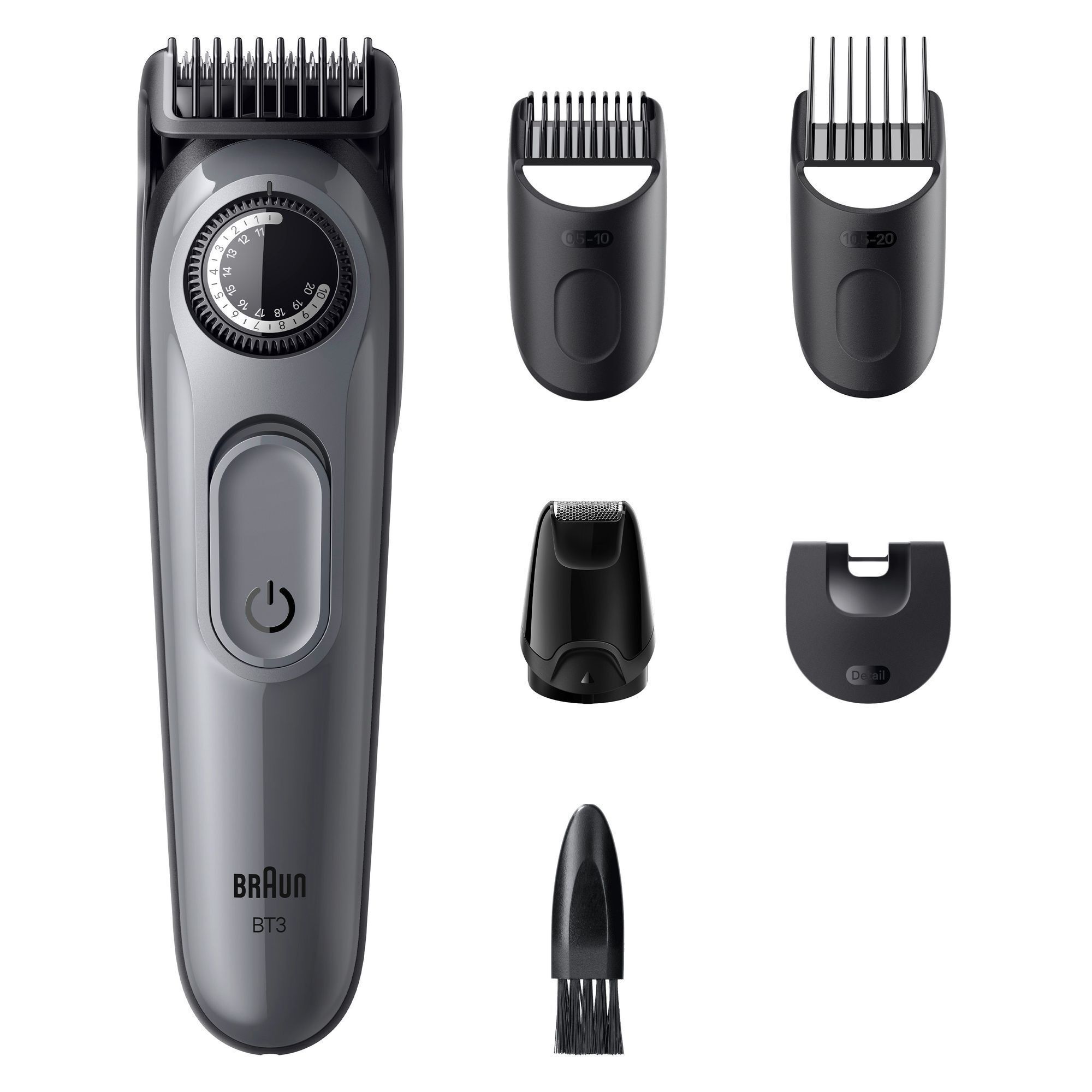 Braun BT3 Barttrimmer mit verschiedenen Aufsätzen für unterschiedliche Bartlängen und Detailarbeiten.