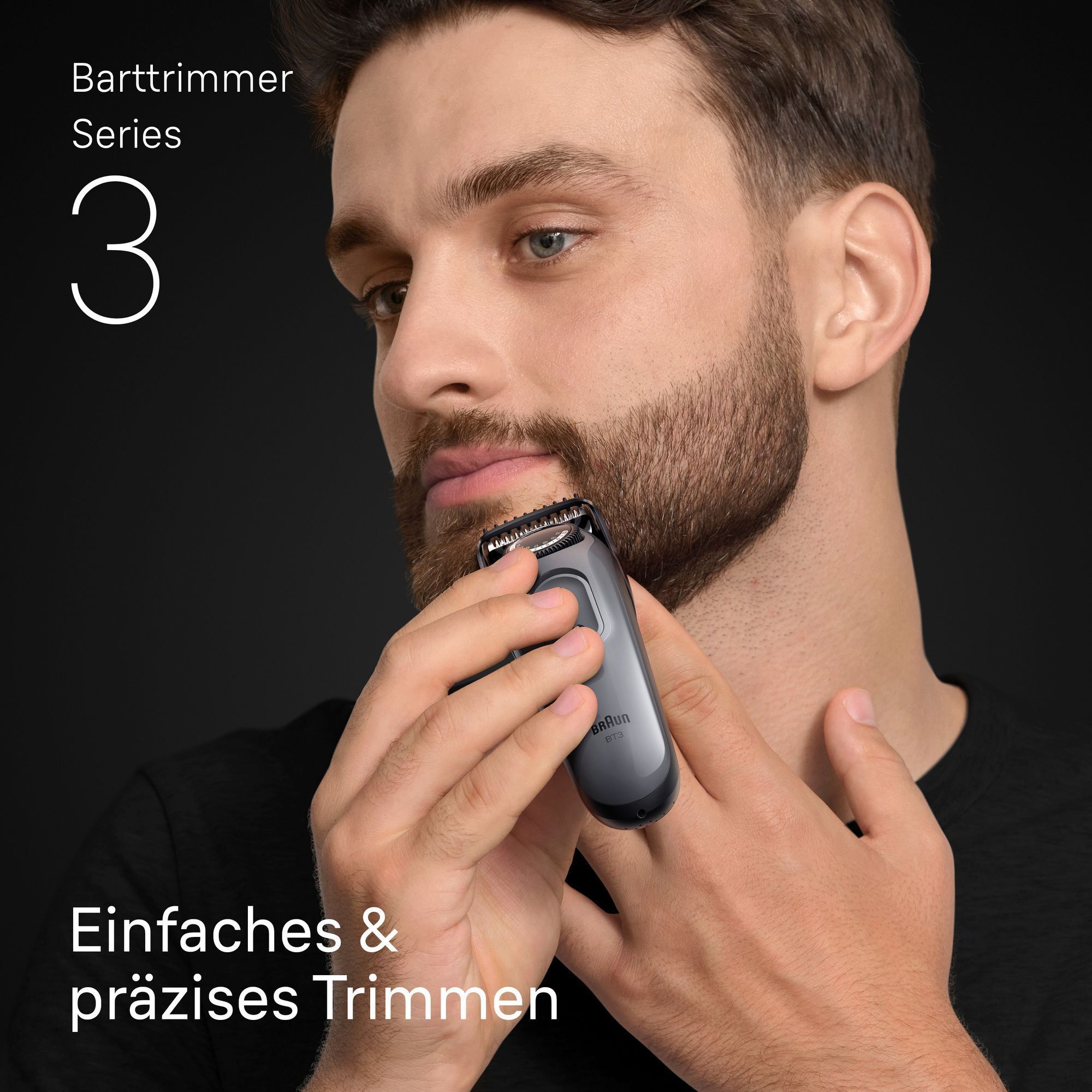 Braun Barttrimmer Series 3 im Einsatz für einfaches und präzises Trimmen des Bartes.