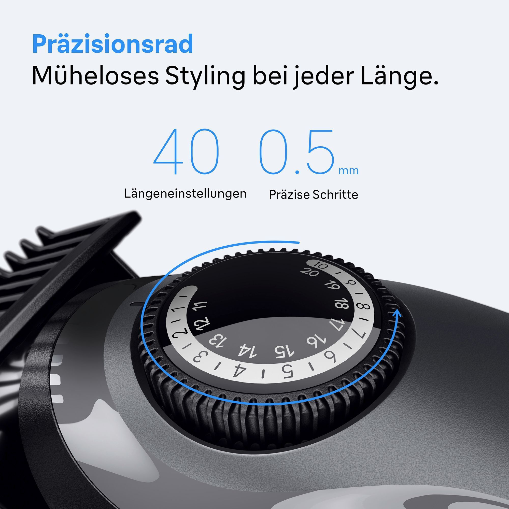 Das Präzisionsrad des Braun Trimmers ermöglicht müheloses Styling mit 40 Längeneinstellungen in präzisen 0,5 mm Schritten.