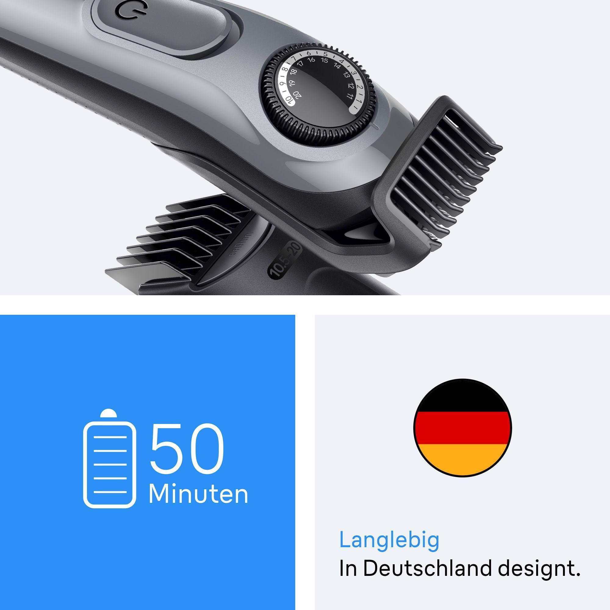 Braun Haarschneider mit Fokus auf 50 Minuten Akkulaufzeit und Design aus Deutschland.