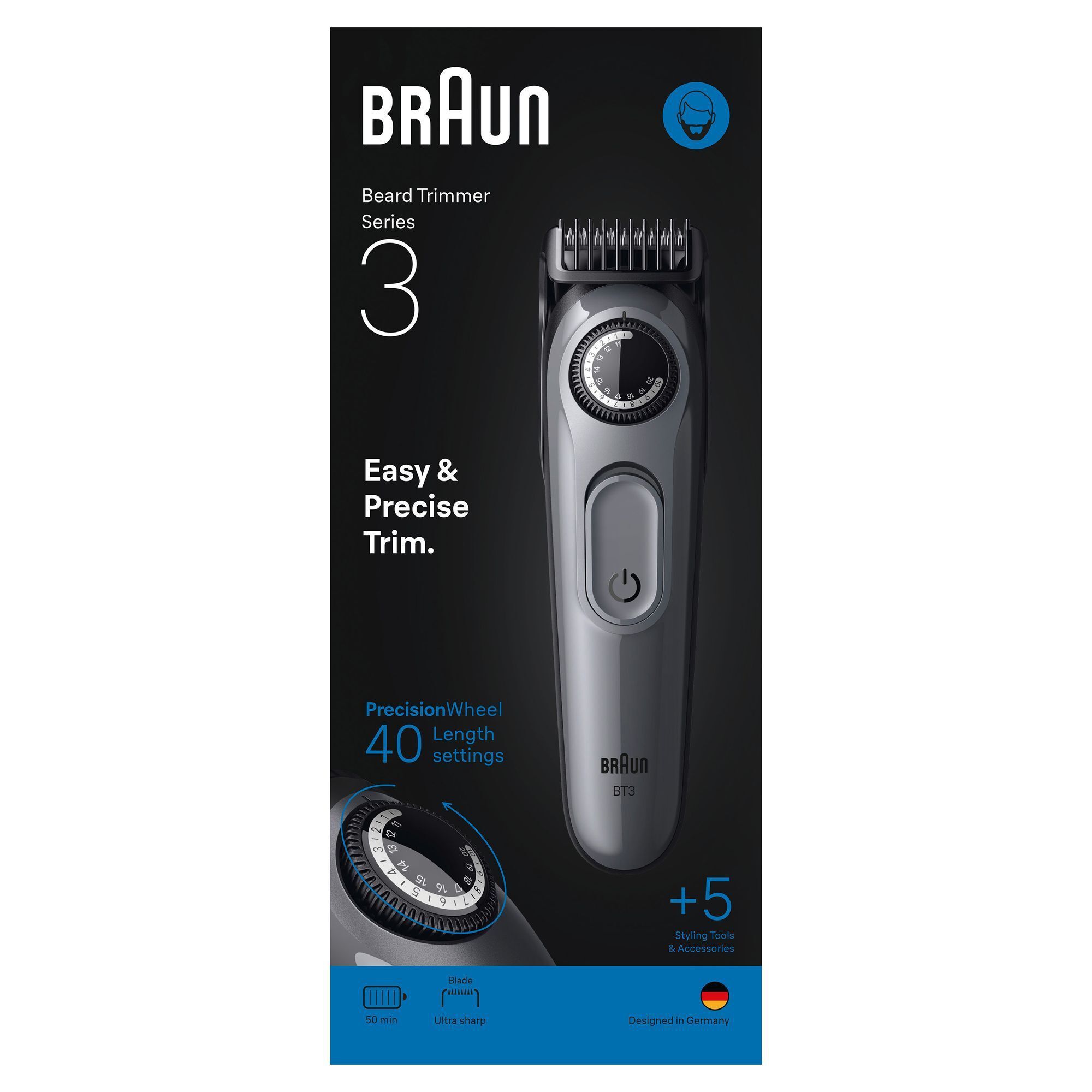Braun Barttrimmer Series 3 mit Verpackung, die +5 Styling-Tools und Zubehör hervorhebt.