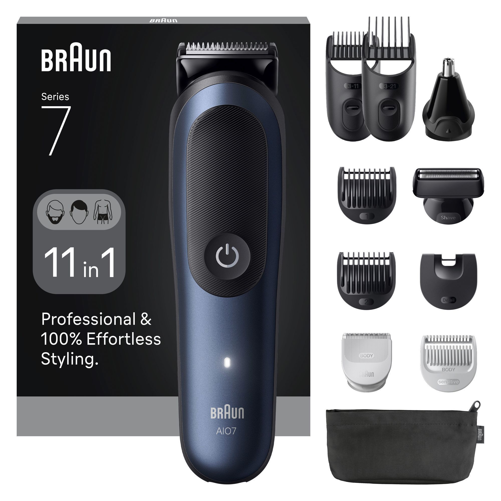 Braun All-in-One Series 7, gezeigt mit Verpackung und 11 Aufsätzen für professionelles und müheloses Styling.