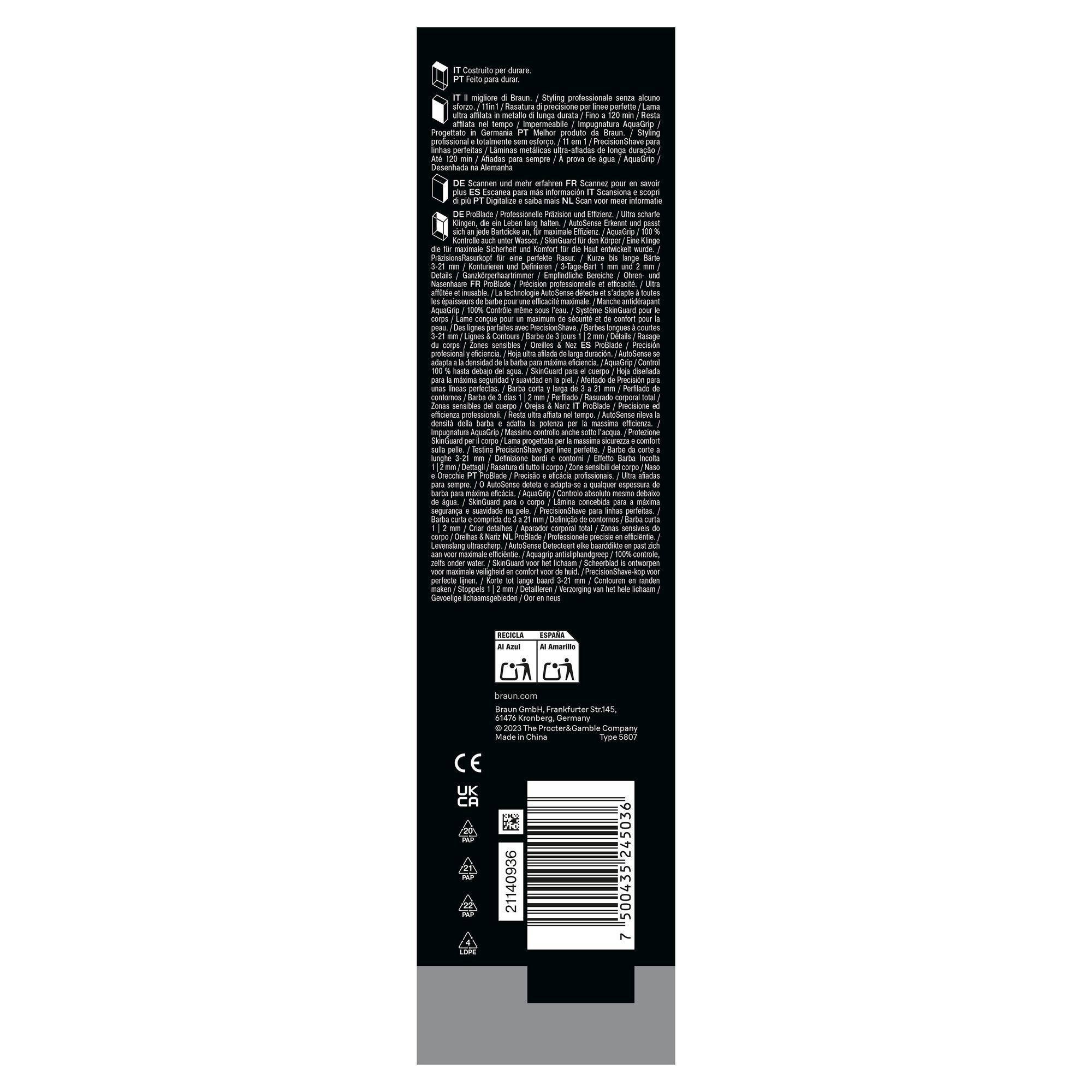Braun Trimmer Verpackung, die den Inhalt hervorhebt: Trimmer, 6 Kammaufsätze, 3 Aufsätze, Aufbewahrungsbeutel und Reinigungsbürste.