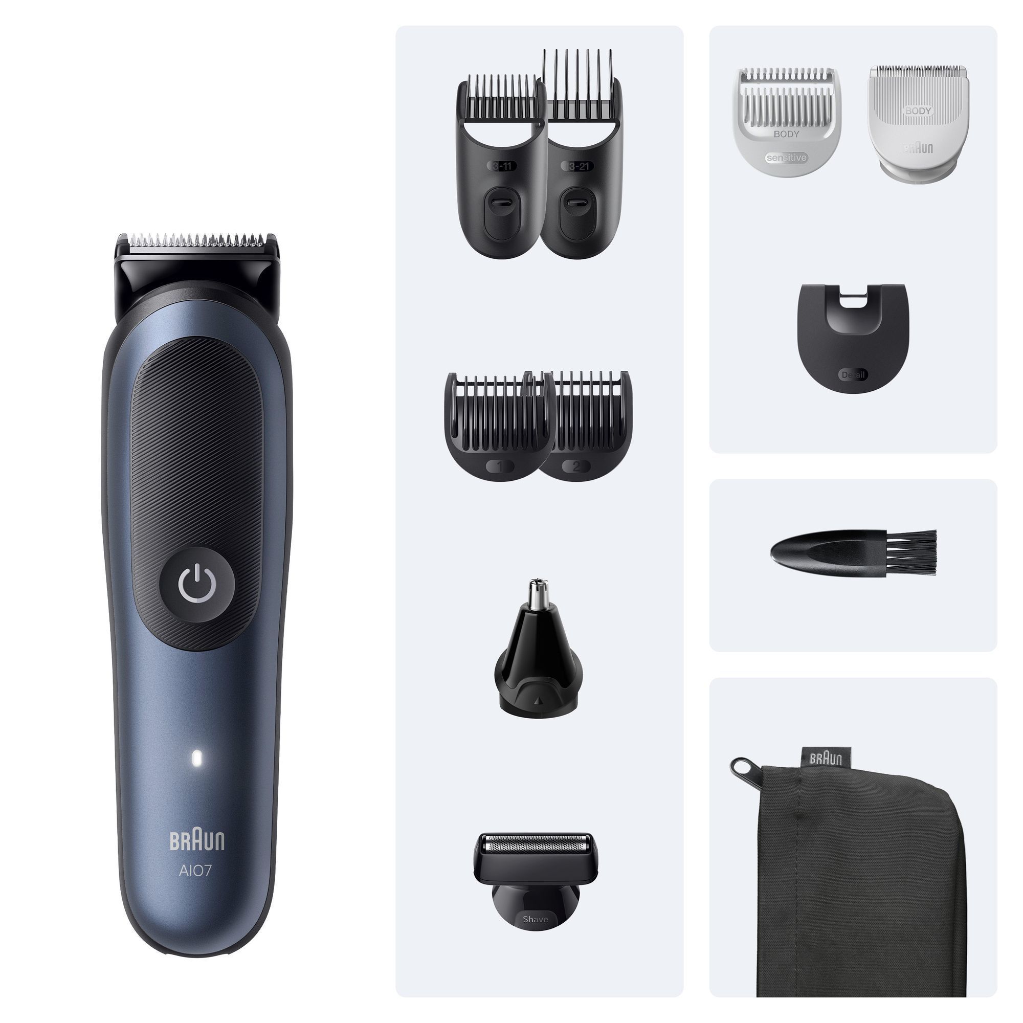 Braun Bartschneider mit ProBlade für professionelle Präzision und Effizienz, sowie verschiedenen Aufsätzen für Bart, Körper und Nase.