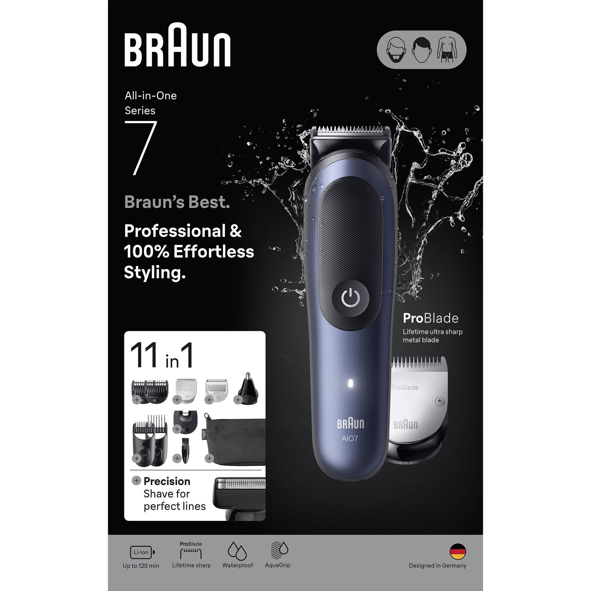 Braun ProBlade Verpackung, die "Professionelle Präzision und Effizienz" hervorhebt und für maximale Effizienz sich an jede Bartdicke anpasst.