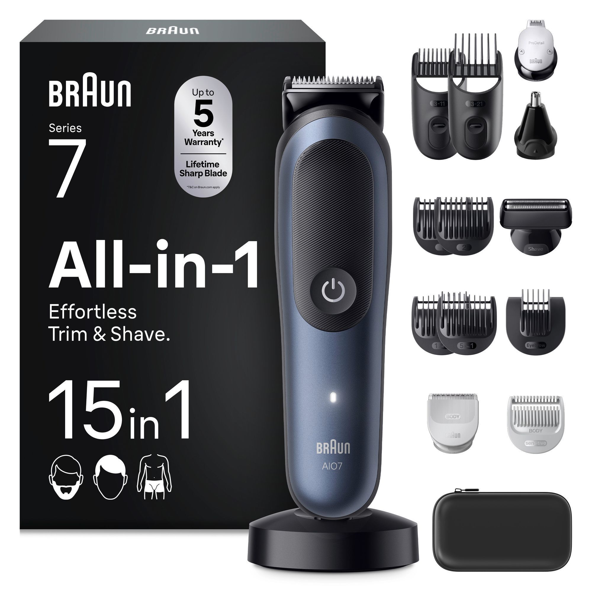Braun All-in-One Series 7 mit Verpackung und Zubehör, hervorgehoben wird "15 in 1" für professionelles und müheloses Styling.
