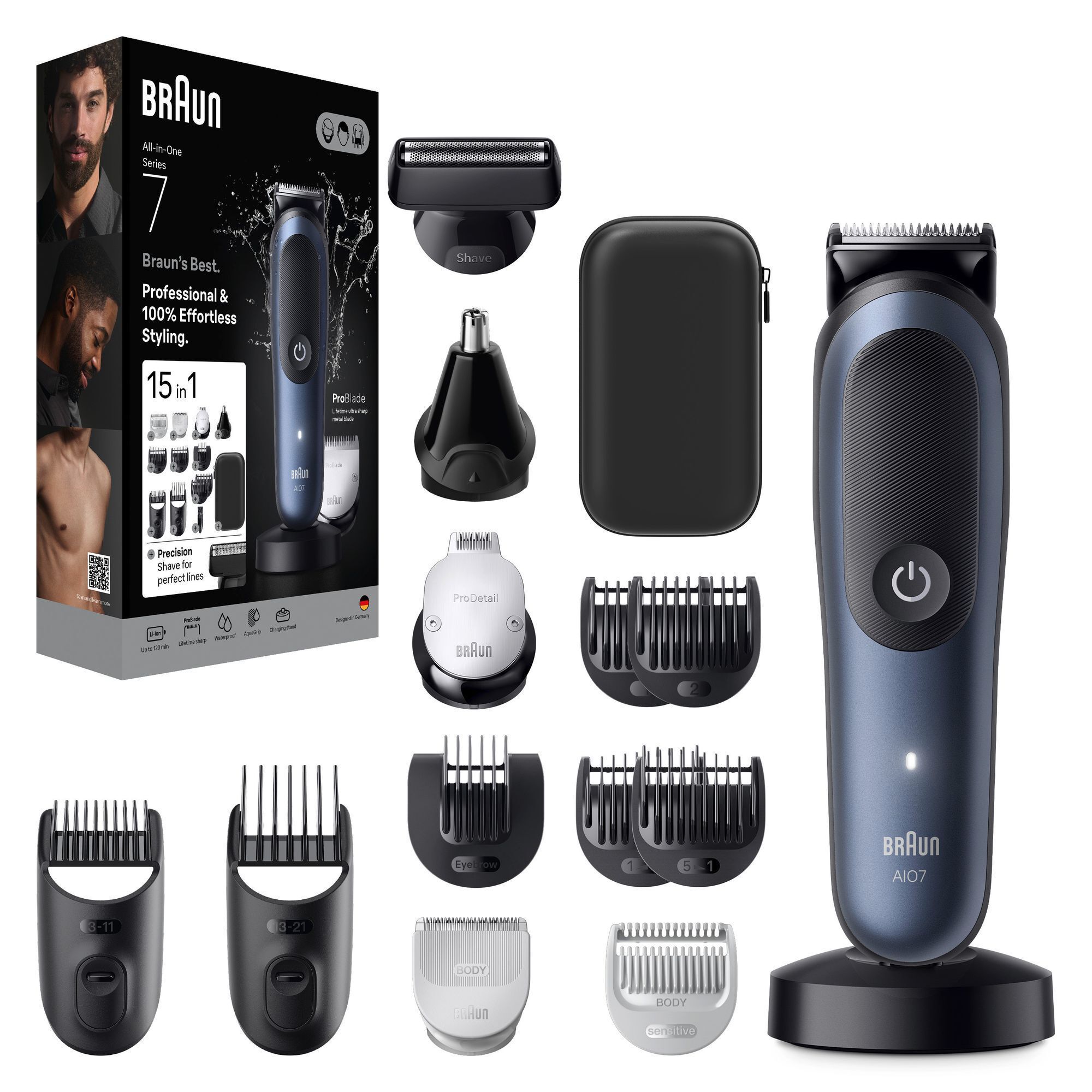 Braun All-in-One Series 7 Trimmer mit Verpackung, die Aufsätze für professionelles, müheloses Styling hervorhebt.