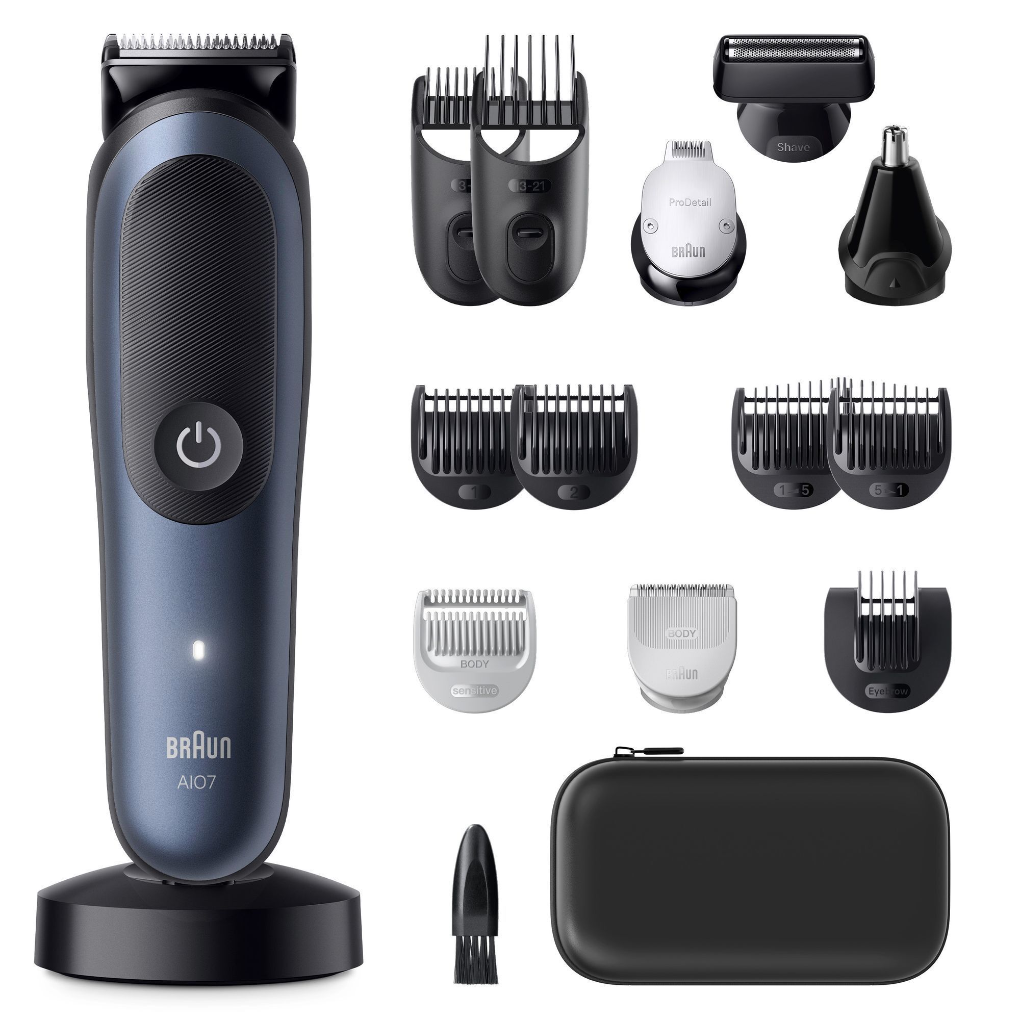 Braun AI07 Trimmer mit Ladestation, Aufbewahrungstasche und verschiedenen Aufsätzen für Bart, Körper, Augenbrauen und Detailstyling.