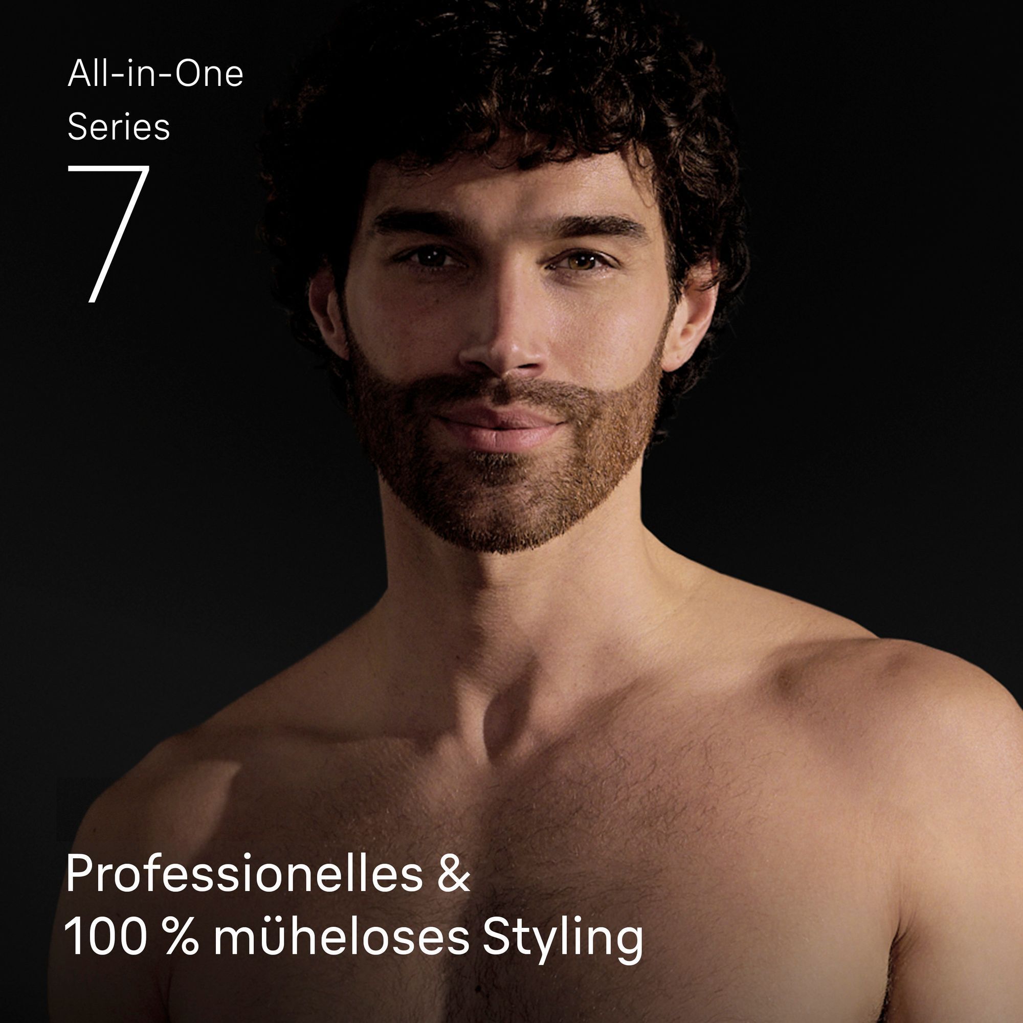 Mann mit gestyltem Bart, der das professionelle und mühelose Styling der Braun All-in-One Series 7 demonstriert.