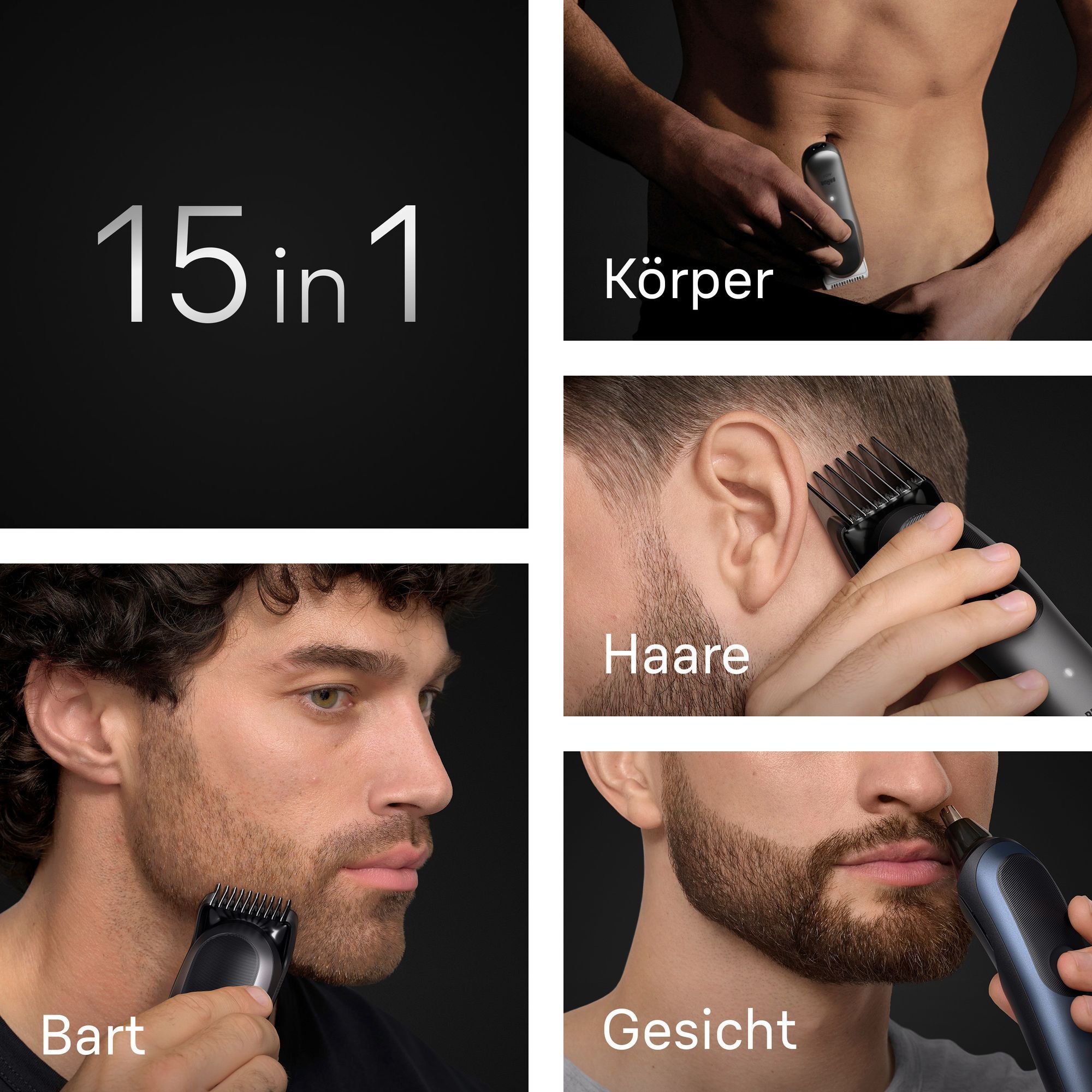 Braun Trimmer für Körper, Haare, Bart und Gesicht, mit dem Hinweis "15 in 1" für vielfältige Anwendungsmöglichkeiten.
