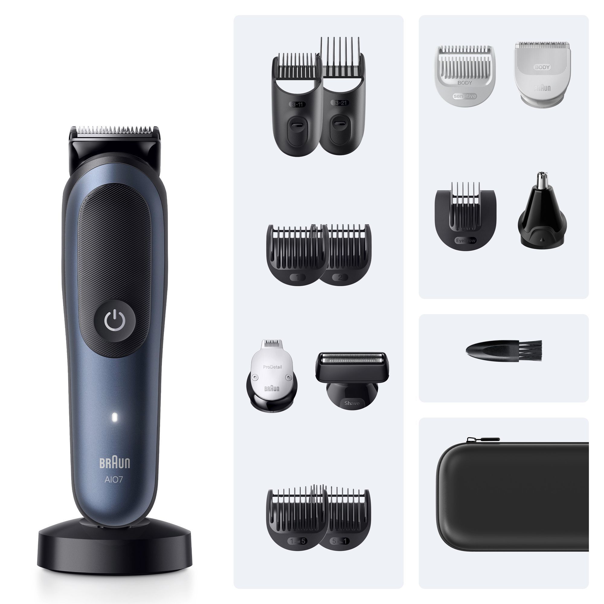 Braun AI07 Trimmer mit verschiedenen Aufsätzen für Bart, Körper, Nase und Ohren für vielseitiges Styling.