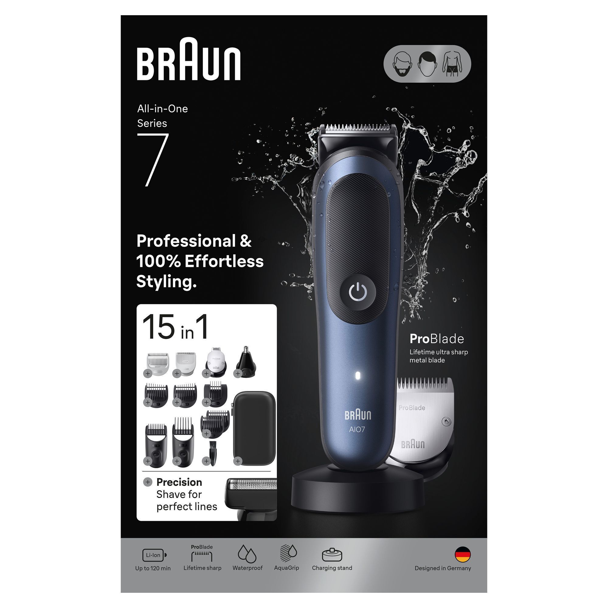 Braun All-in-One Series 7 Trimmer mit Verpackung, die die 15 Aufsätze und die ProBlade-Technologie hervorhebt.