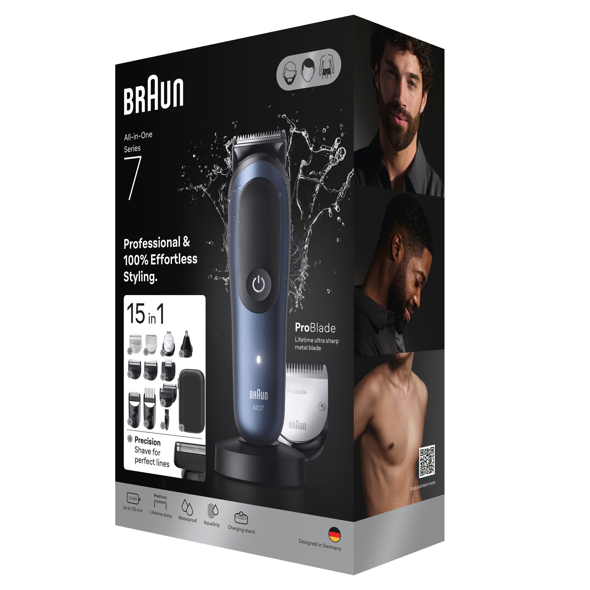 Braun All-in-One Series 7 Trimmer in der Verpackung, die "15 in 1" Styling-Aufsätze hervorhebt.