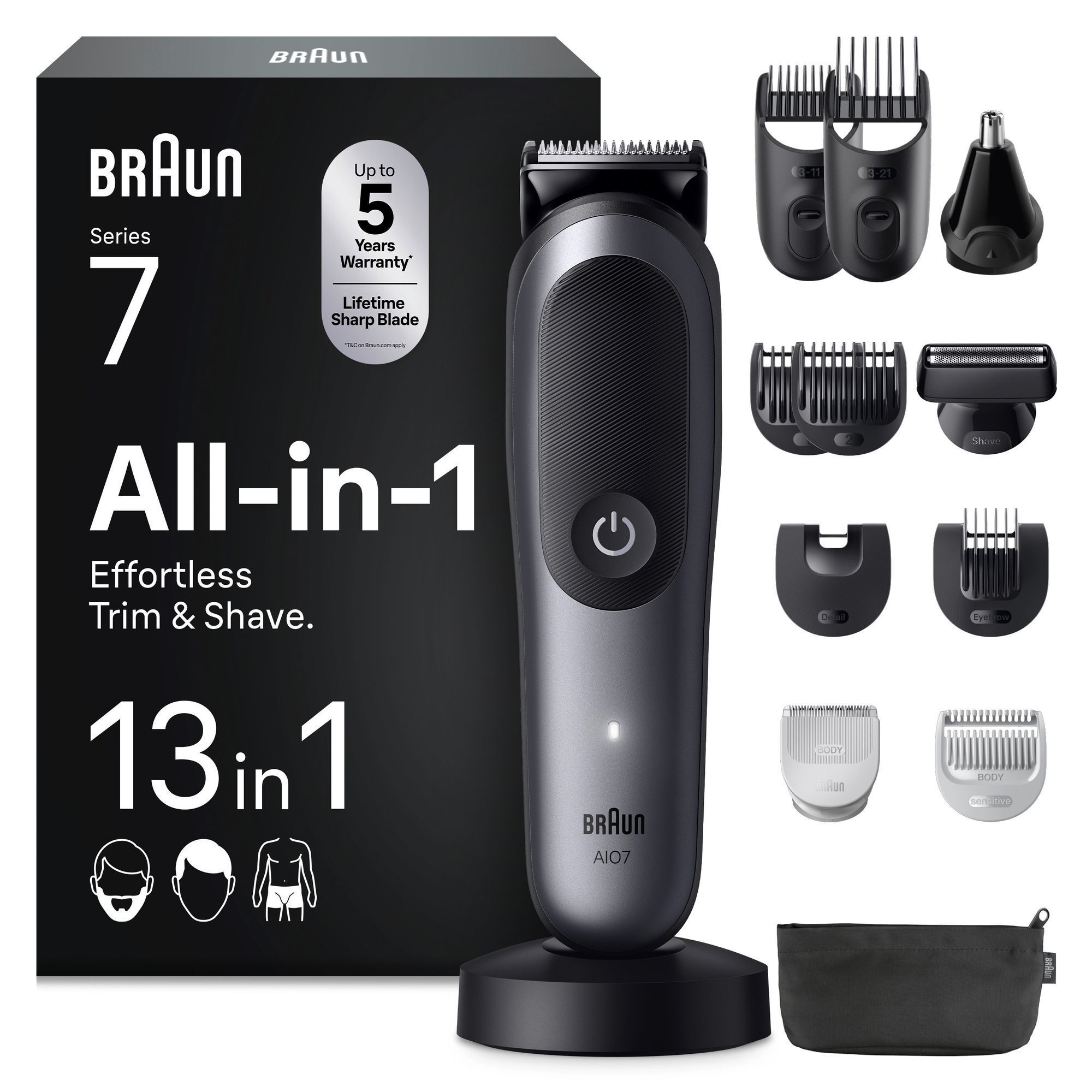 Braun Series 7 Bartschneider mit Verpackung, die "13 in 1" und "100% müheloses Styling" hervorhebt, sowie Zubehör.