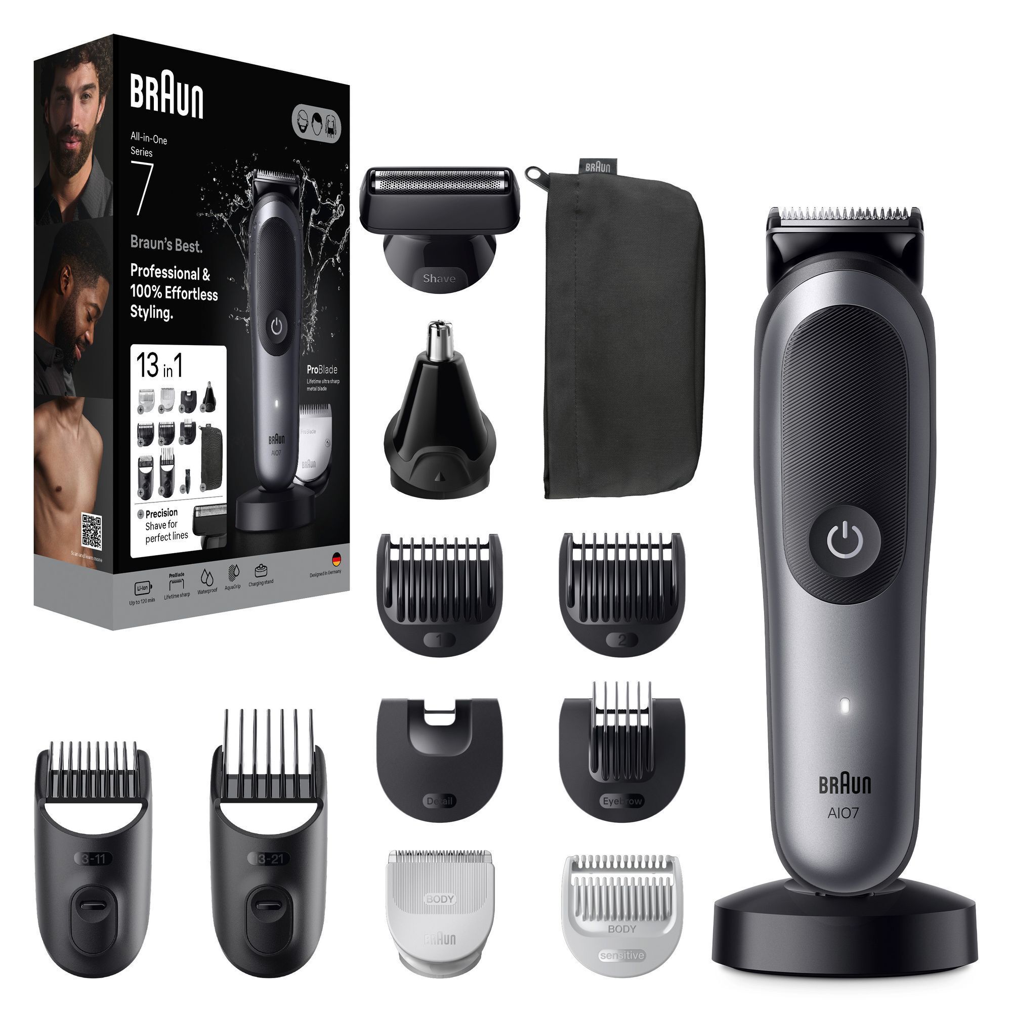 Braun All-in-One Series 7 Trimmer mit Verpackung, die "13 in 1" Zubehör und "100% müheloses Styling" hervorhebt.