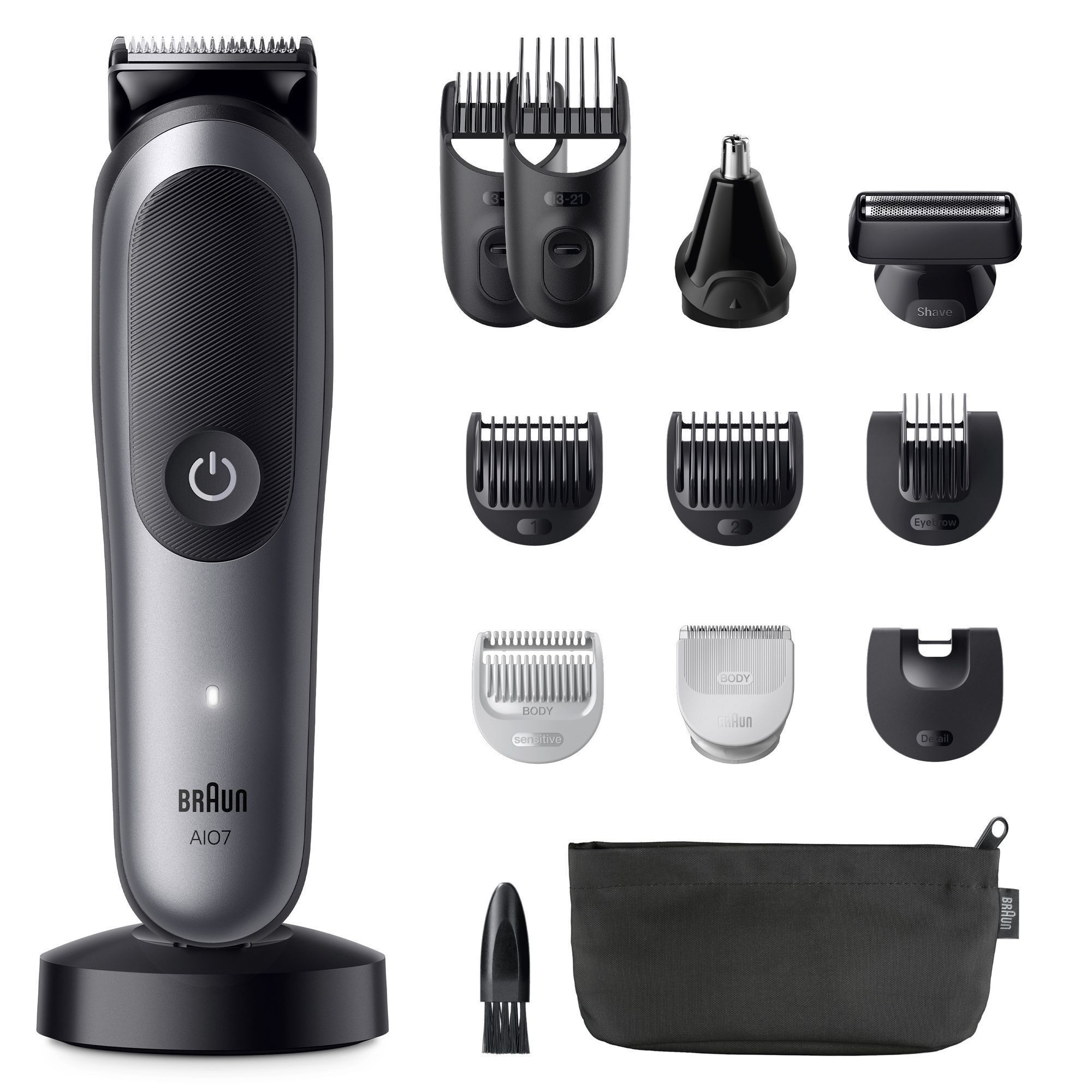 Braun AI07 Trimmer mit Ladestation, Aufbewahrungstasche und verschiedenen Trimmeraufsätzen für Bart, Körper und Nase.