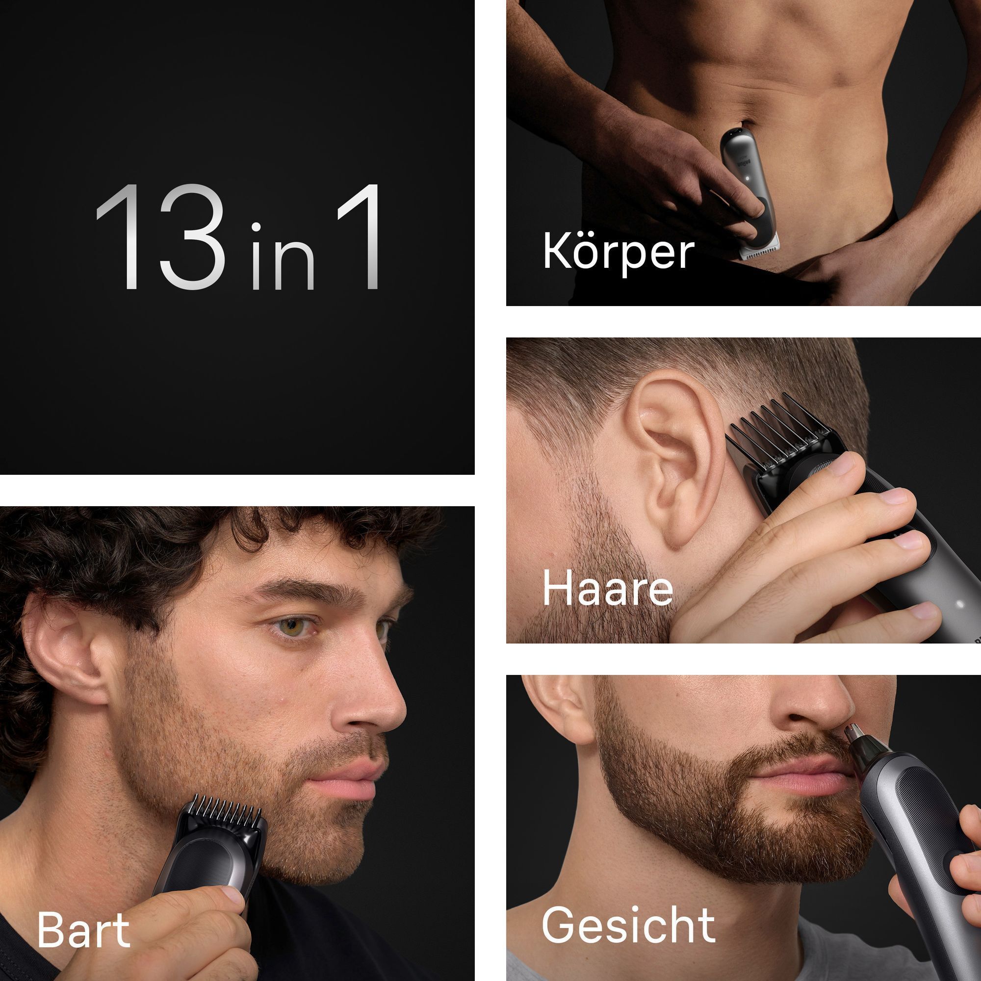 Braun Multigroomer in Anwendung für Körper, Haare, Bart und Gesicht, bewirbt 13-in-1 Funktionalität.