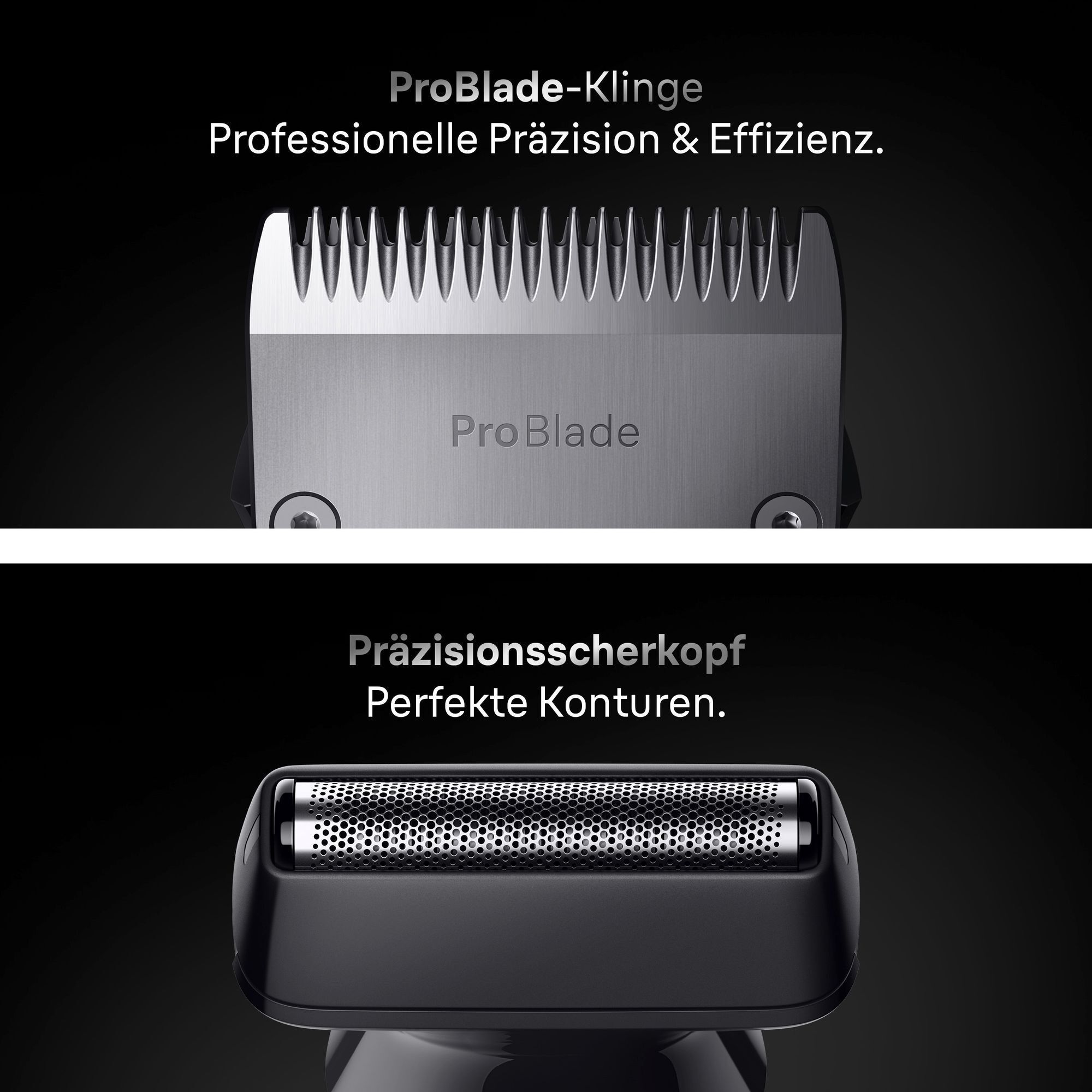Braun Trimmer mit ProBlade-Klinge für professionelle Präzision und einem Präzisionsscherkopf für perfekte Konturen, hervorgehoben.