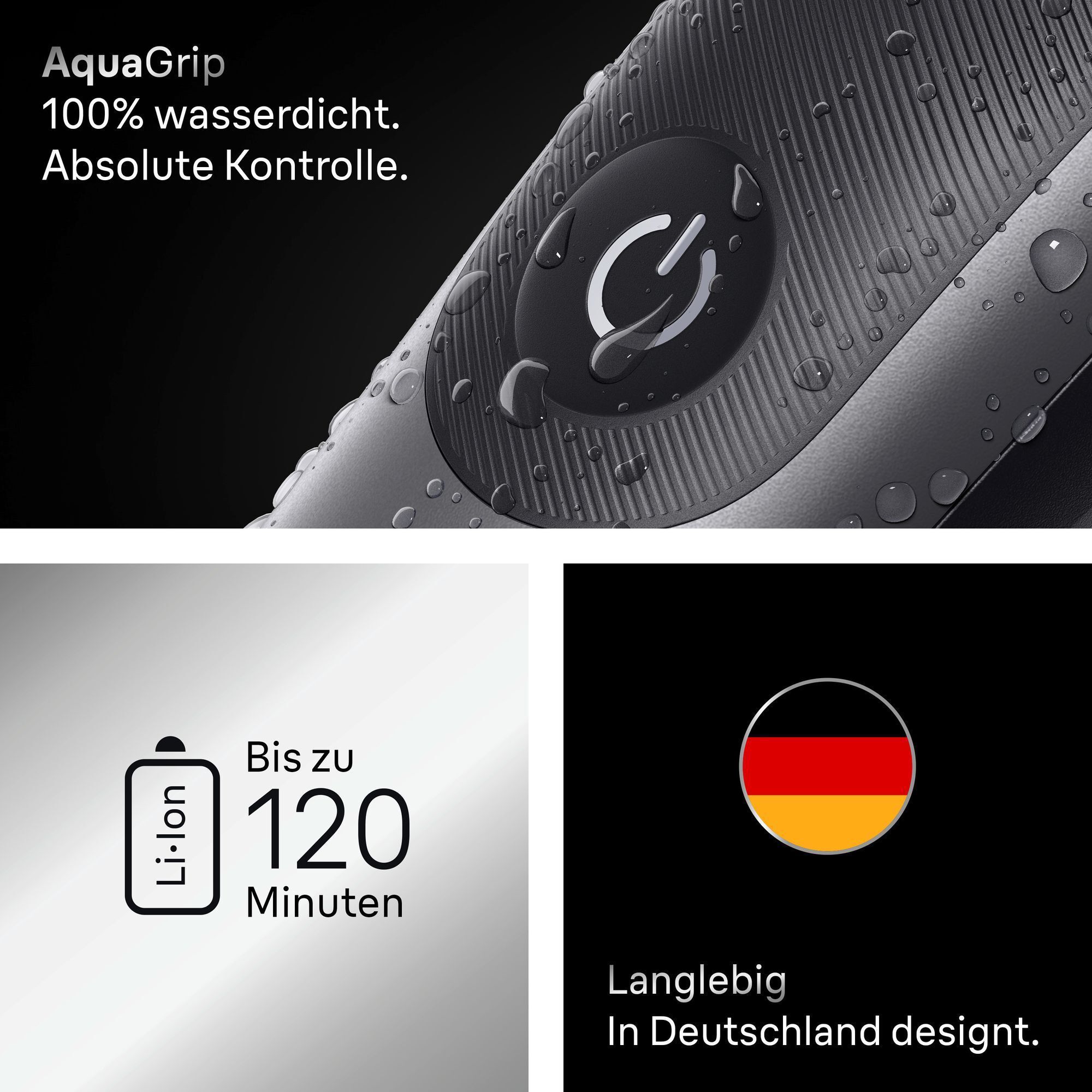 Braun Rasierer mit AquaGrip, der 100% wasserdicht ist, für absolute Kontrolle, bis zu 120 Minuten Akkulaufzeit und langlebig, designt in Deutschland.