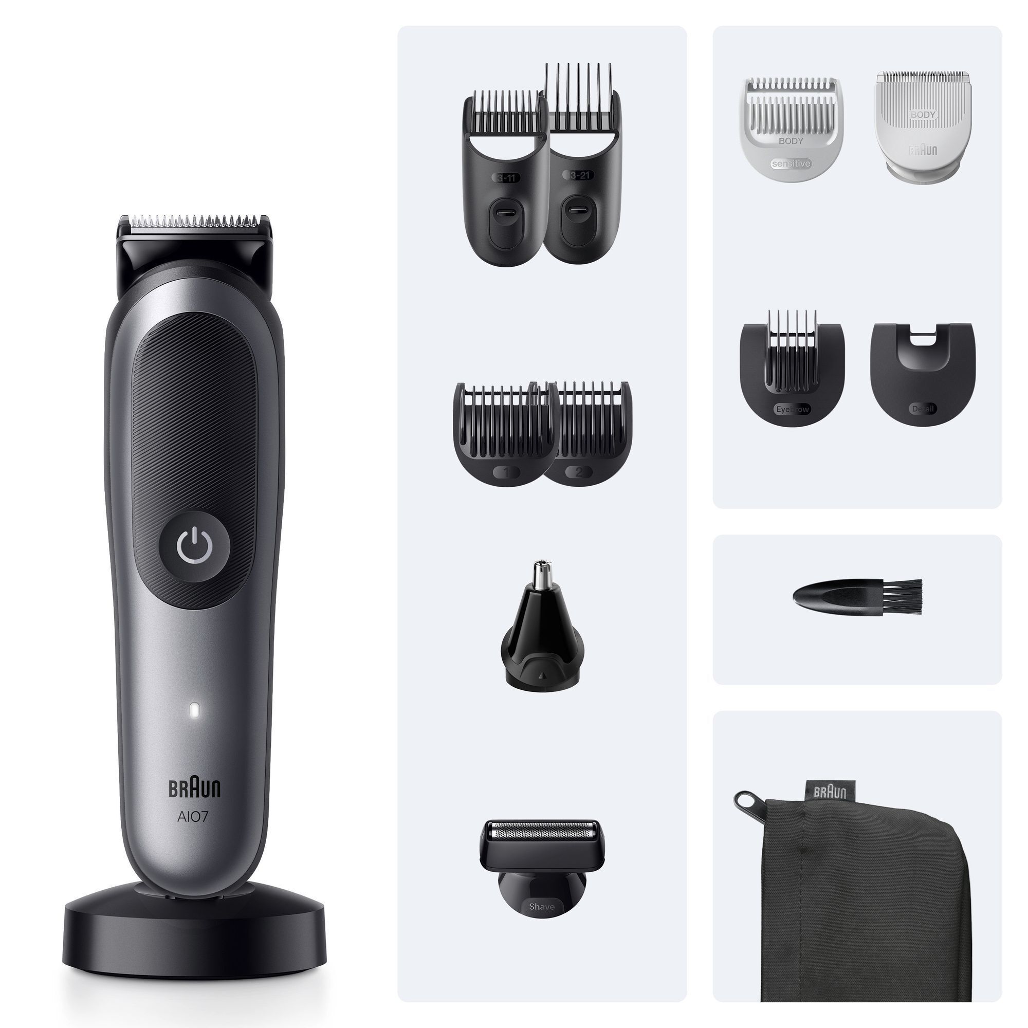 Braun AI07 Trimmer mit verschiedenen Aufsätzen für Bart, Körper, Nase, Ohren und Augenbrauen für vielseitiges Styling.